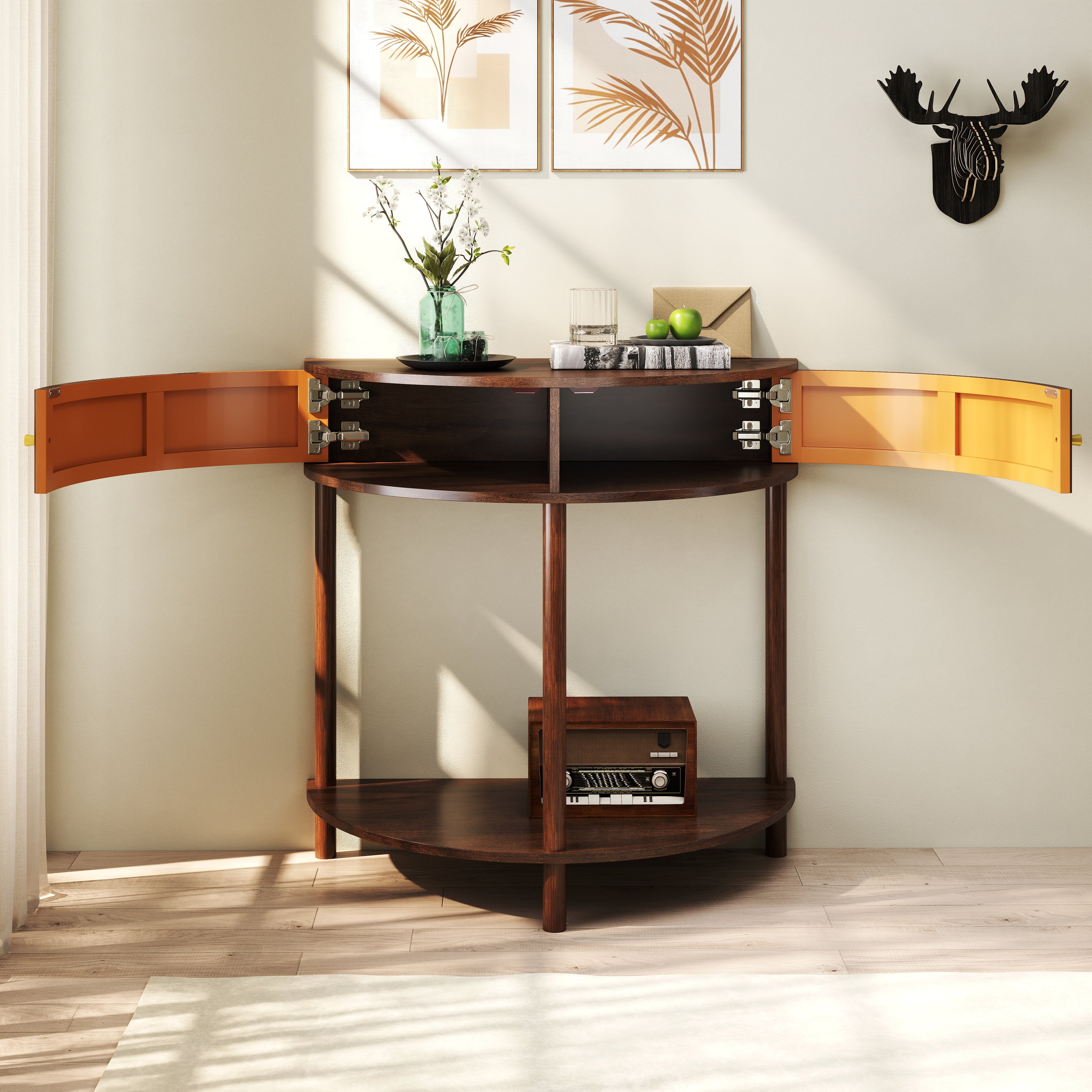 Artisan-Crafted Wave-Pattern Demi-Lune Console Table with Brown Woodgrain,Unique Half Moon Design End Table with 2 Storage Drawers and Bottom Shelf for Living room, Bedroom, Study, Hallway