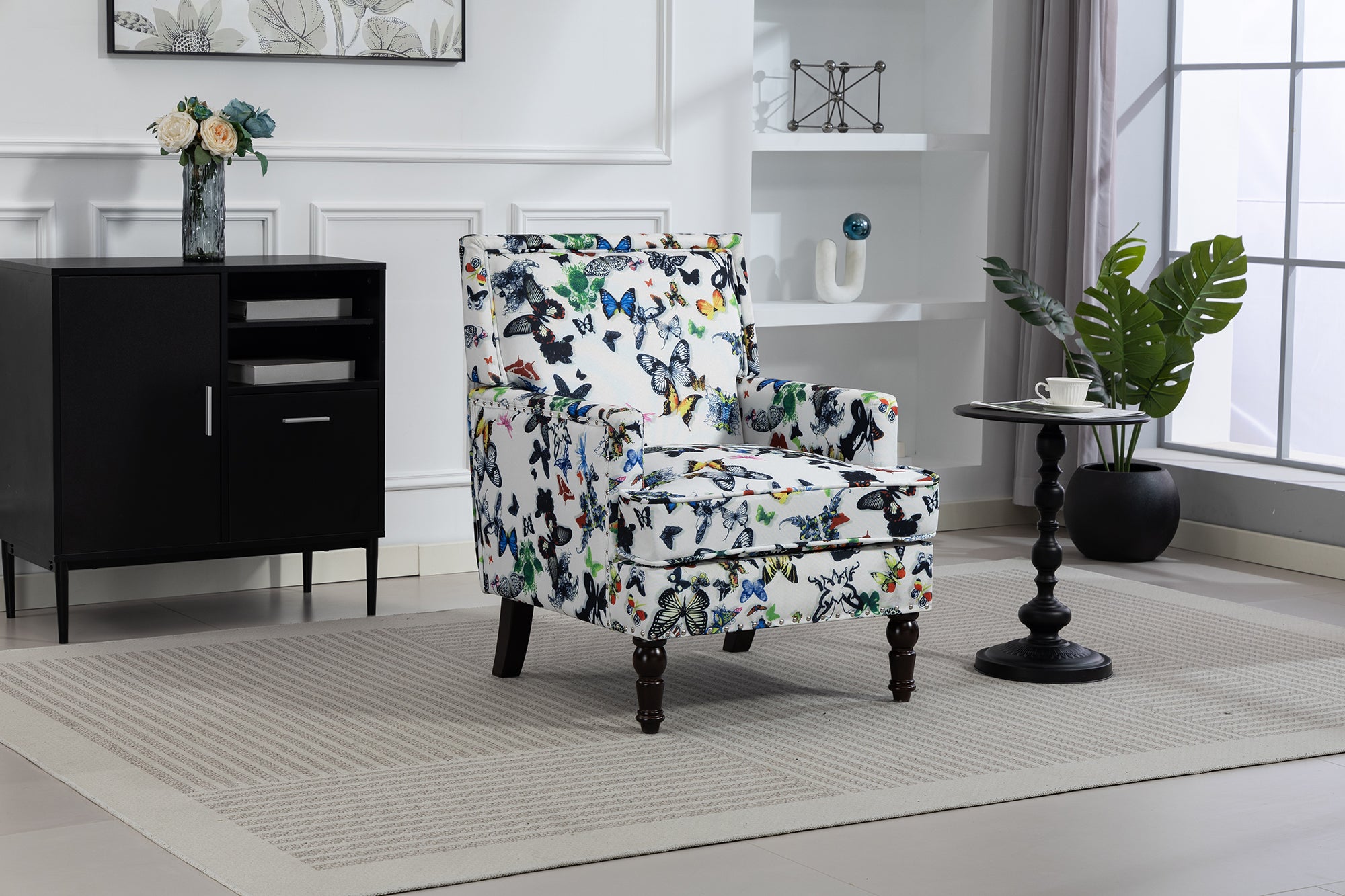 Upholstered Accent Chair, Vintage Armchair with butterfly  Linen Fabric and Nailhead Trim for Living Room