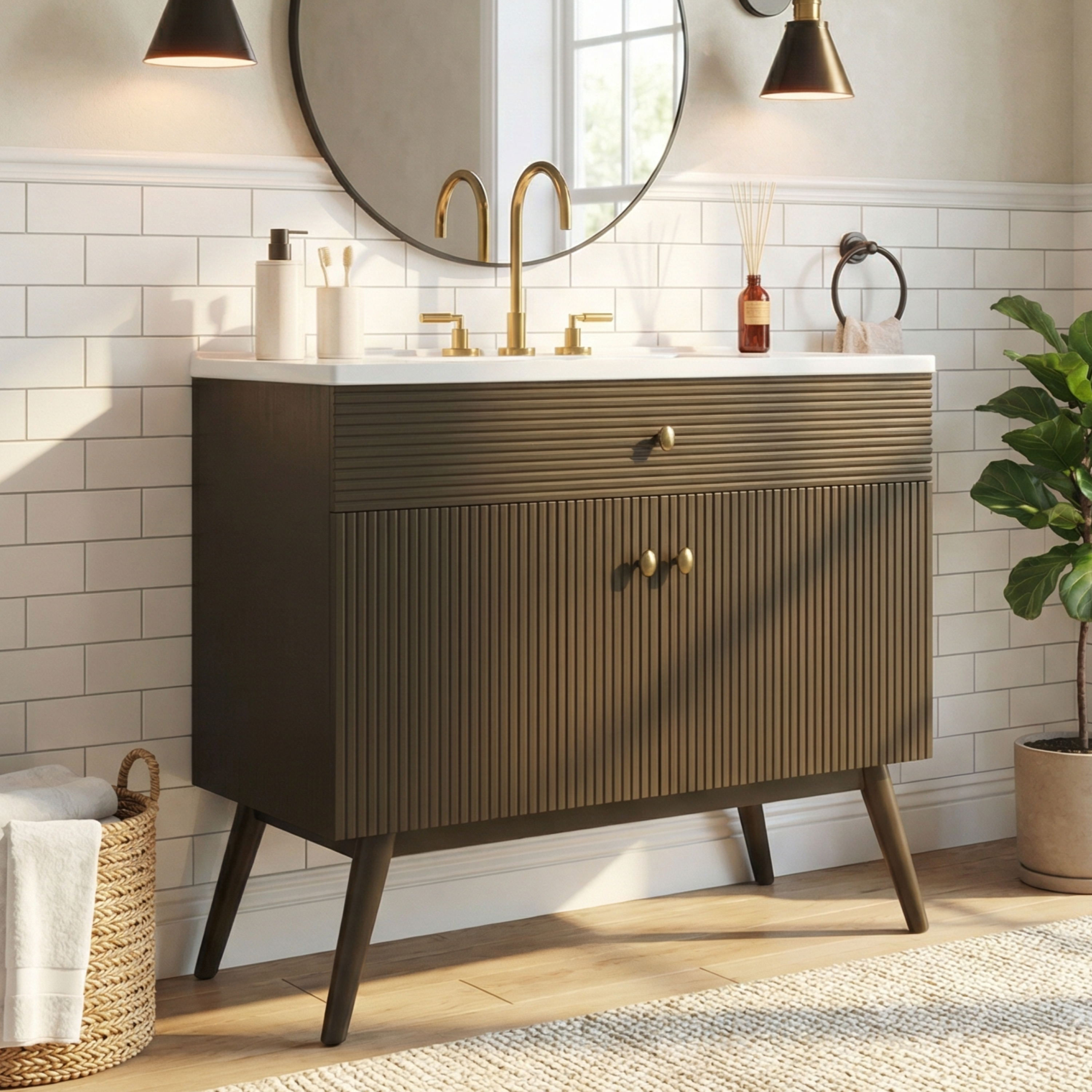 36" Luxury Striped Dark Brown Vanity: Soft-Close Dual-Door Storage & Premium Ceramic Sink