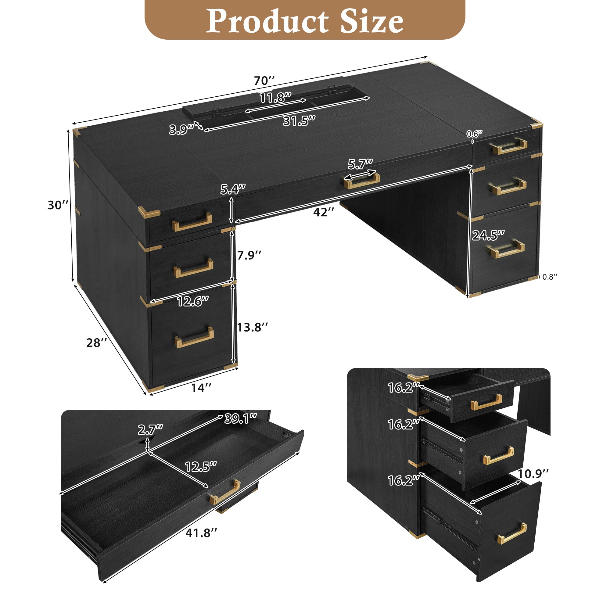 70" Extra-Large Classic and Traditional Executive Desk with Metal Edge Trim ,Writing Desk with 2 file drawers,USB Ports and Outlets,Desk with Hidden Compartment for Living Room,Home Office,Study Room,