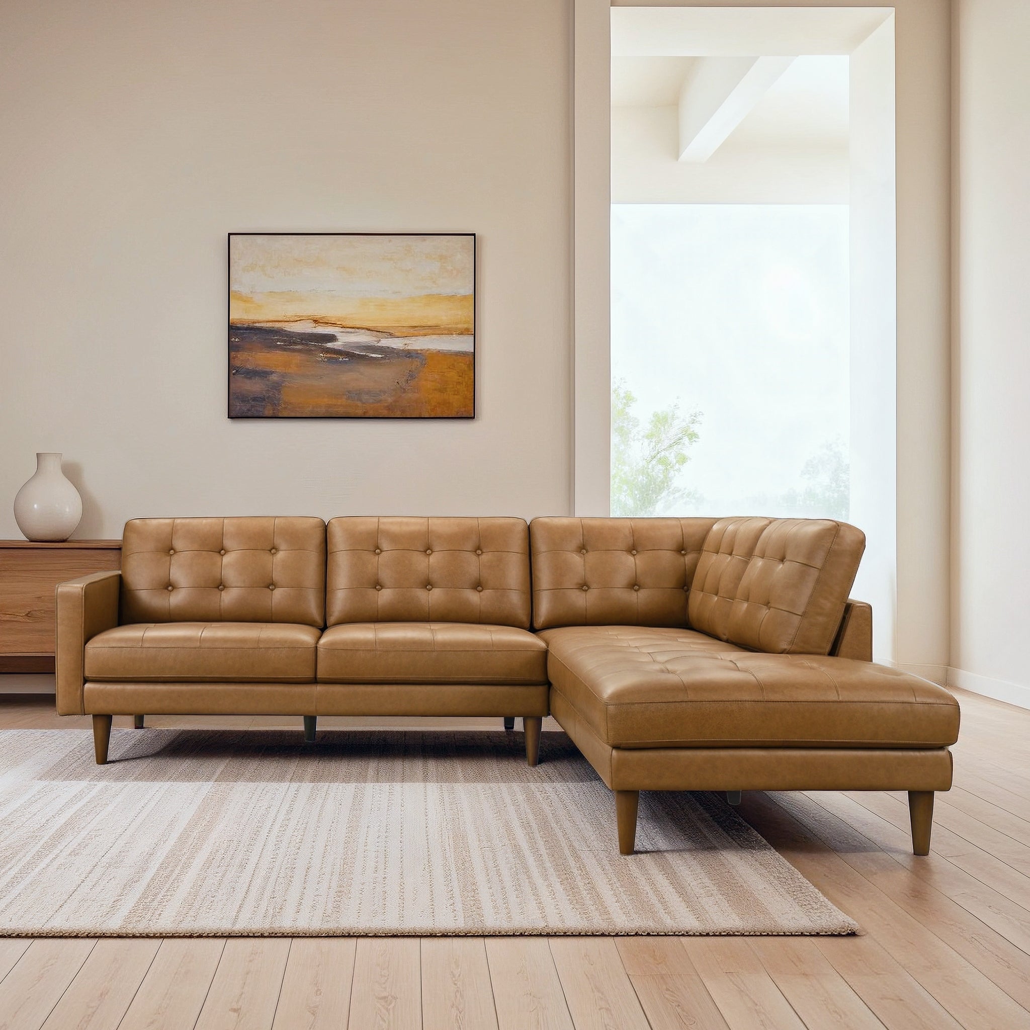Lucco Genuine Tan Leather Right-Facing Sectional Sofa