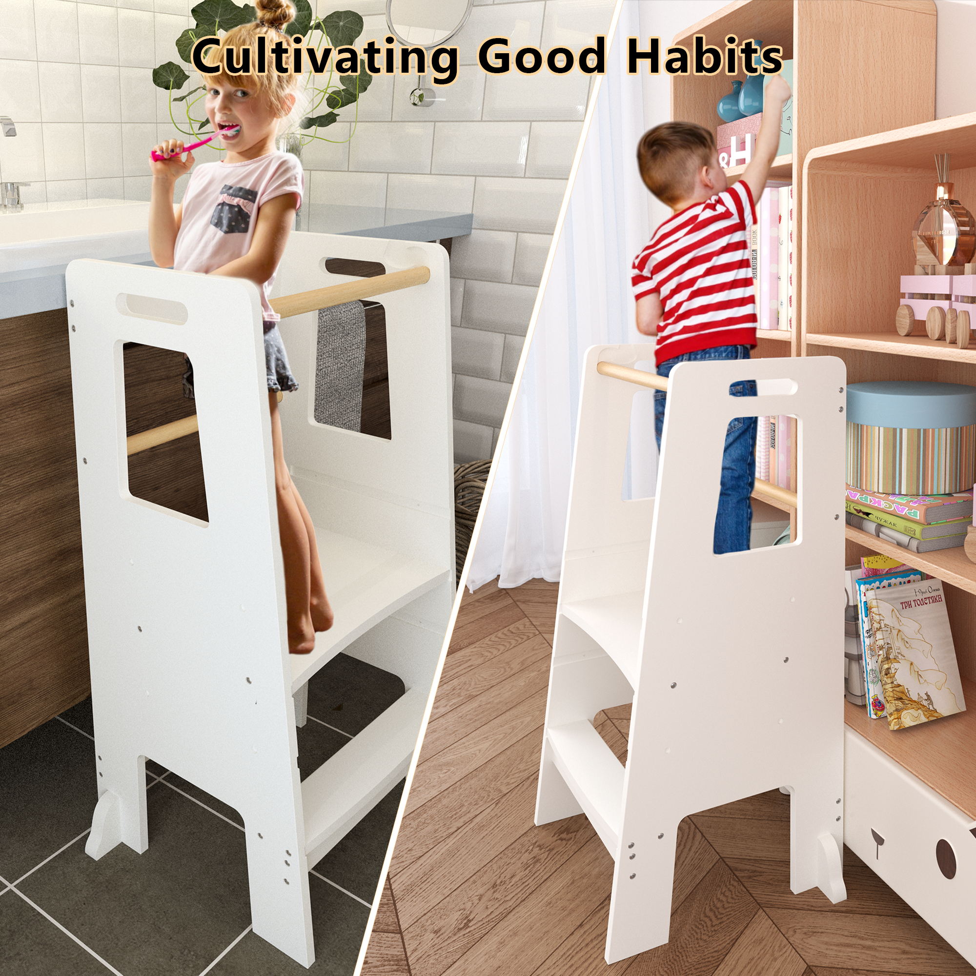 Kids Standing Tower, Child Kitchen Step Stool Toddler Wood Stepping Stool - Children's Montessori Stool - Adjustable Height, Ideal Kids Kitchen Step Stool for Learning New Skills, White