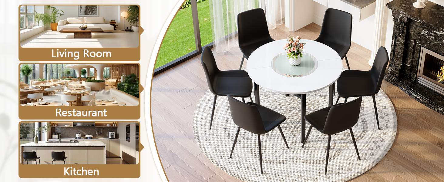 Table and chair set.42 inch modern minimalist white desktop round dining table set.Paired with 6 Black Artificial PU Chairs With Curved Widened Cushion Design. Suitable for dining rooms,office,etc.