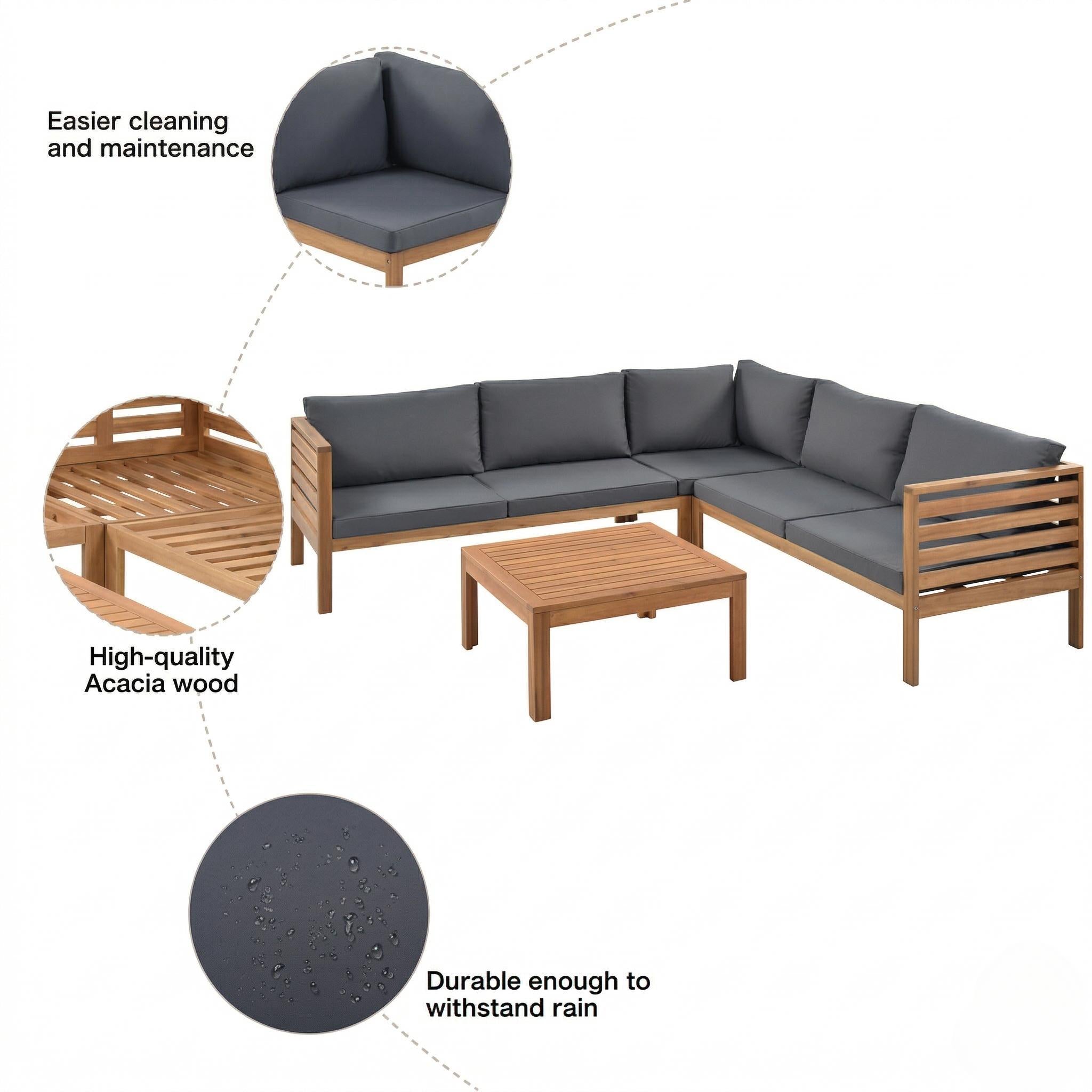 Wood Structure Outdoor Sofa Set with gray Cushions Exotic design Water-resistant and UV Protected texture High quality acacia wood Strong Metal Accessorie