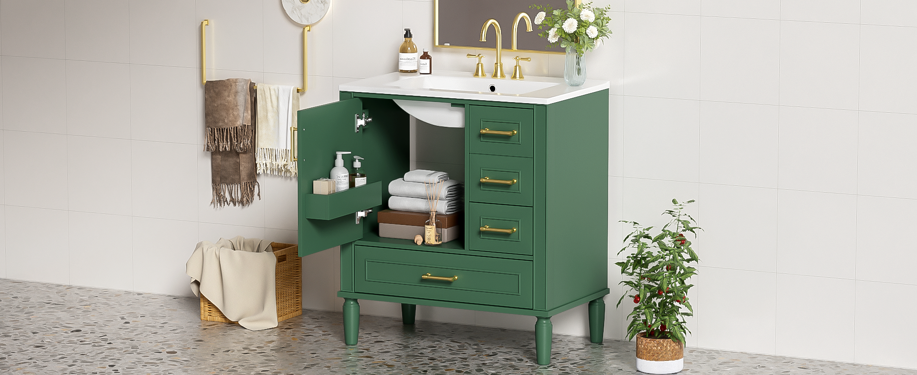 Traditional 30" Green Bathroom Vanity Set, Floor Standing, with Three Drawers, Soft Close Doors, with Long Gold Metal Handles - Perfect for Small Bathrooms