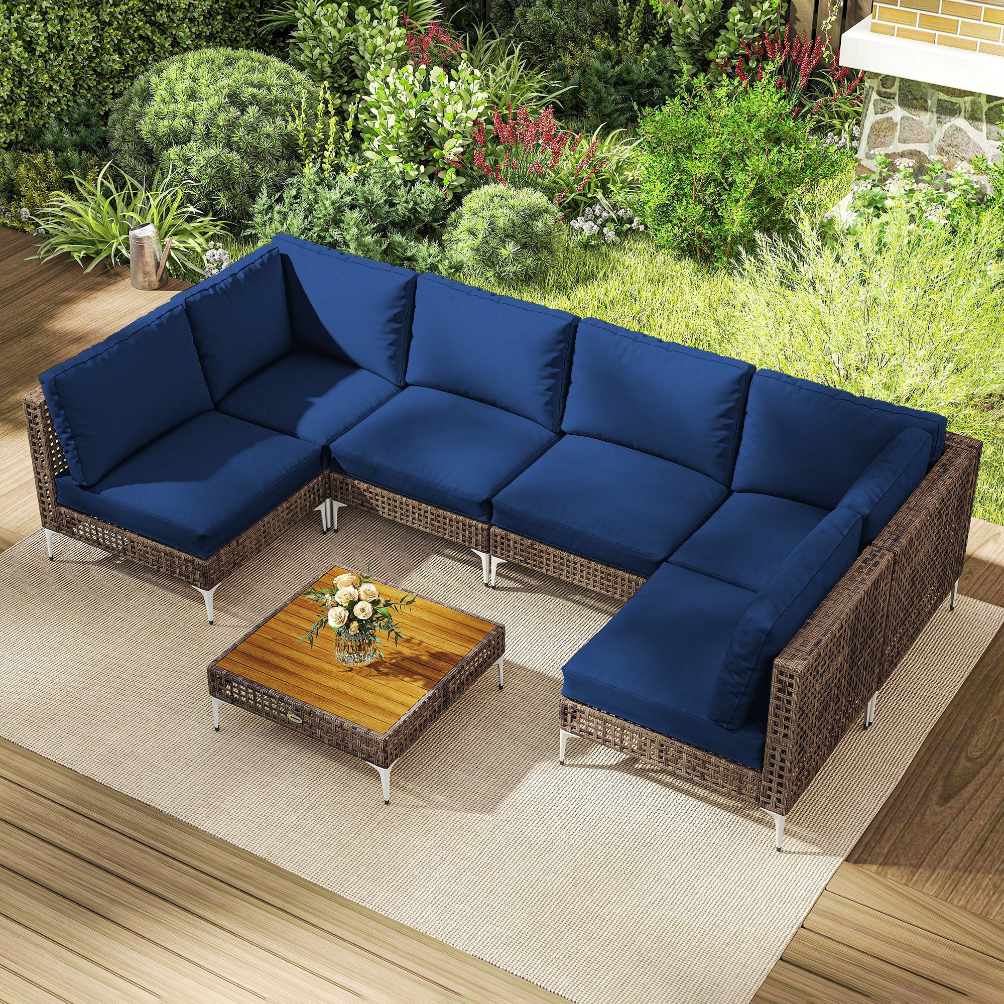 Outsunny 7 Piece Wicker Patio Furniture Set, Modular Outdoor Sectional with Thickened Cushions, Acacia Wood Table, Brown/Blue