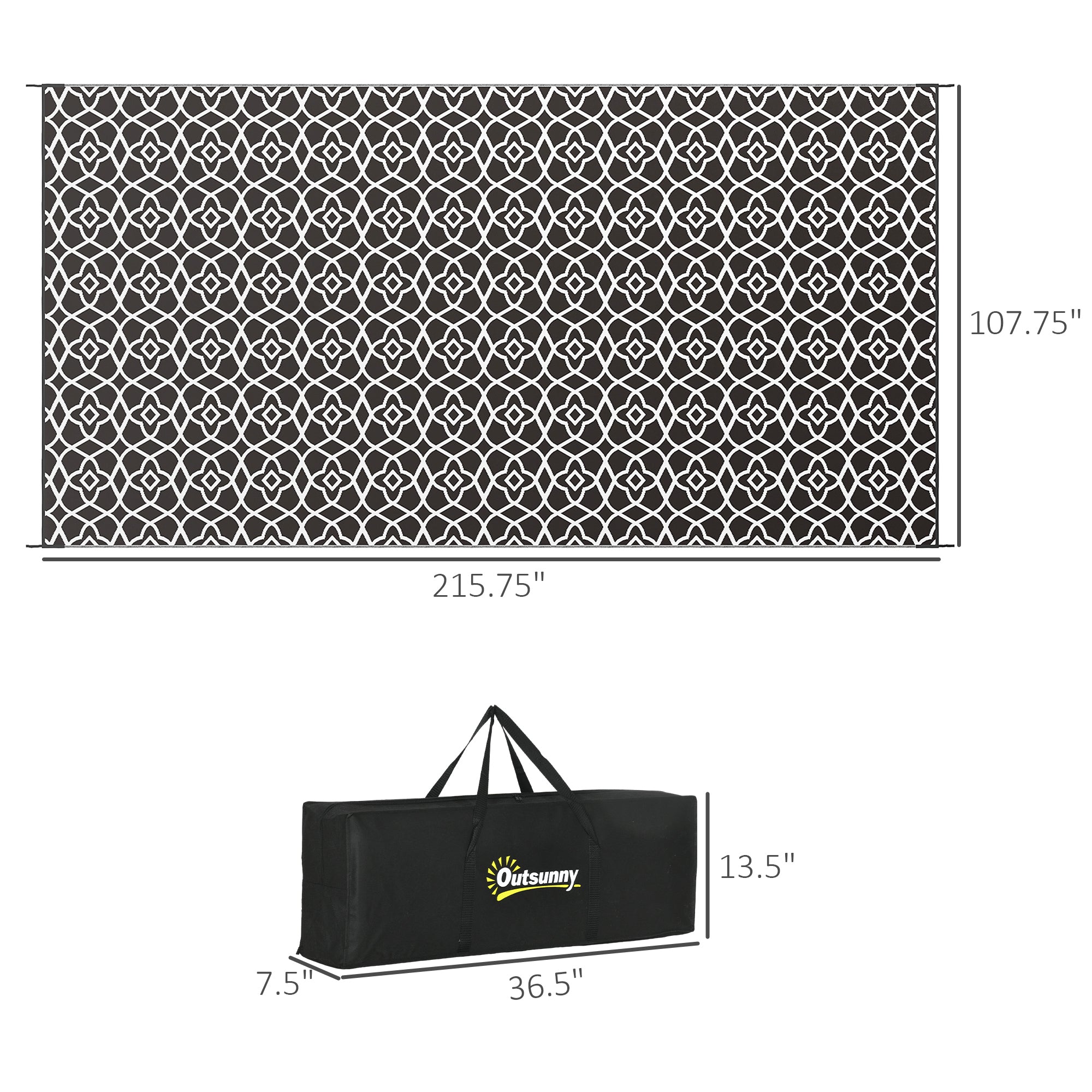 Outsunny Reversible Outdoor Rug Carpet RV Camping Rugs with Carry Bag, 9' x 18', Black & White Clover