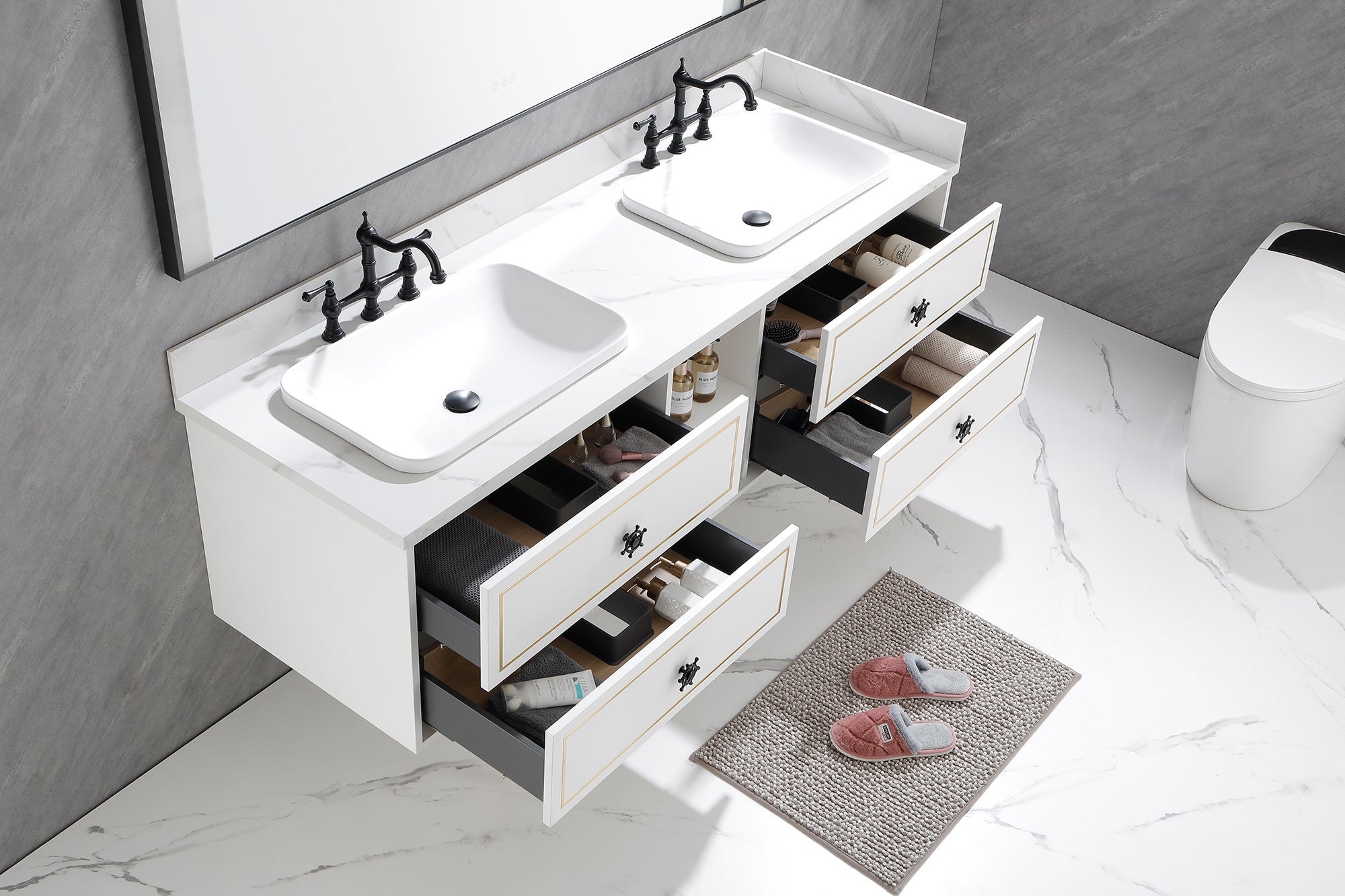 72" Wall Hung Bathroom Vanity Cabinet Fits Double Sinks, Cabinet Only (Countertop and Sinks Not Included)