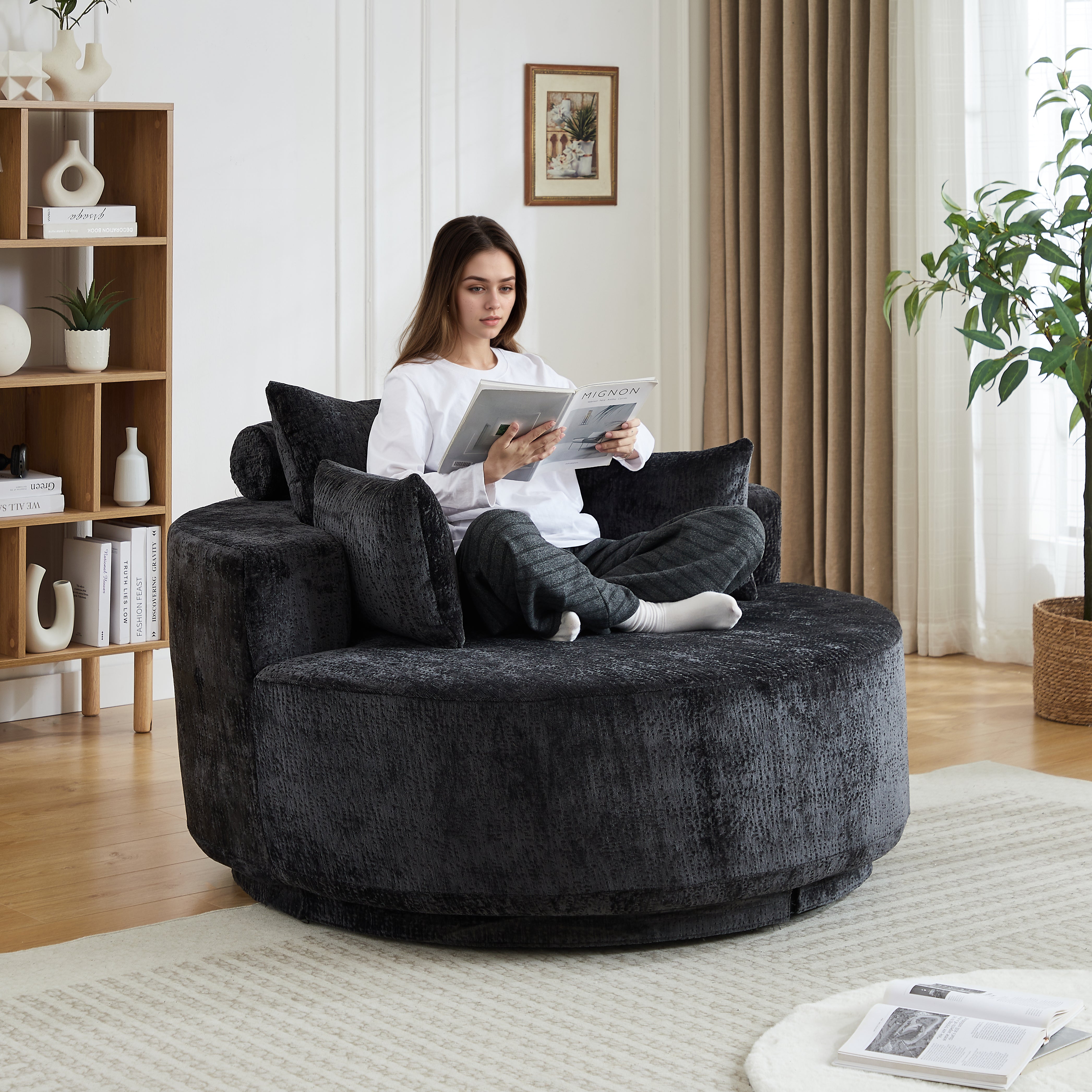 55''L Chenille Foam Single Swivel Chair, Fluffy Modern Sleeper, 360 Degree Swivel Chair for Living Room, Bedroom, Lounge and Projection Room