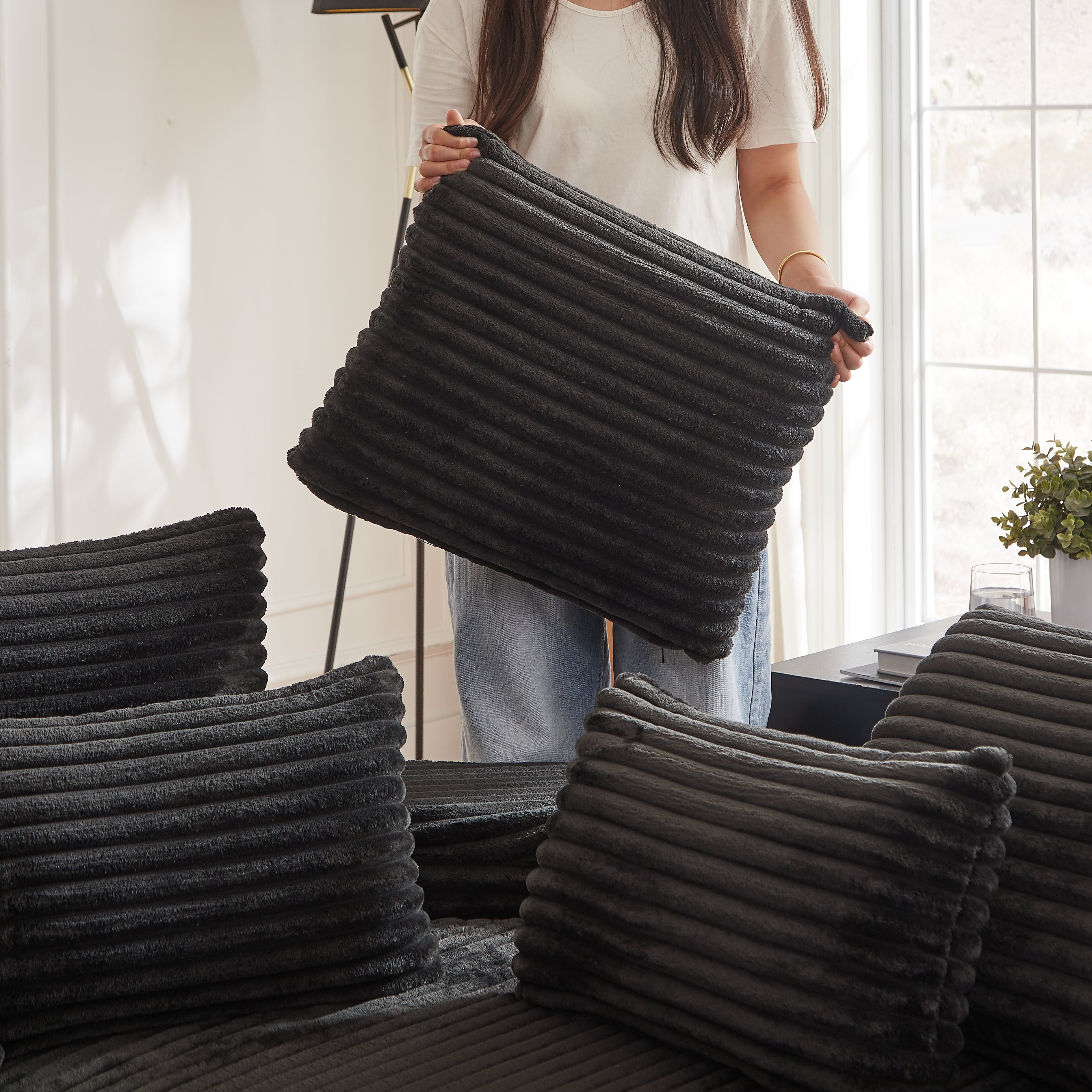 78.5-Inch Corduroy Semi-Circular 2-in-1 Sofa Bed, Designer Recliner with Neck Pillow and Five Throw Pillows in Living Room