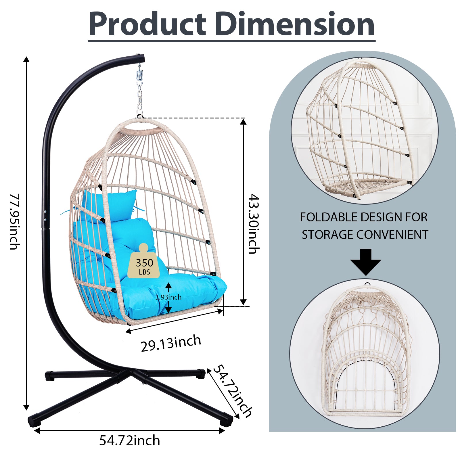 Foldable Hanging Egg Chair with Stand and Pillow, HDPE Rattan and Heavy Duty Aluminum-Steel Frame, Outdoor Patio Wicker Swing Egg Chair with Headrest and Cushioned, 350 Lbs Capacity (Blue)