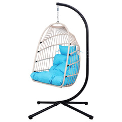 Foldable Hanging Egg Chair with Stand and Pillow, HDPE Rattan and Heavy Duty Aluminum-Steel Frame, Outdoor Patio Wicker Swing Egg Chair with Headrest and Cushioned, 350 Lbs Capacity (Blue)