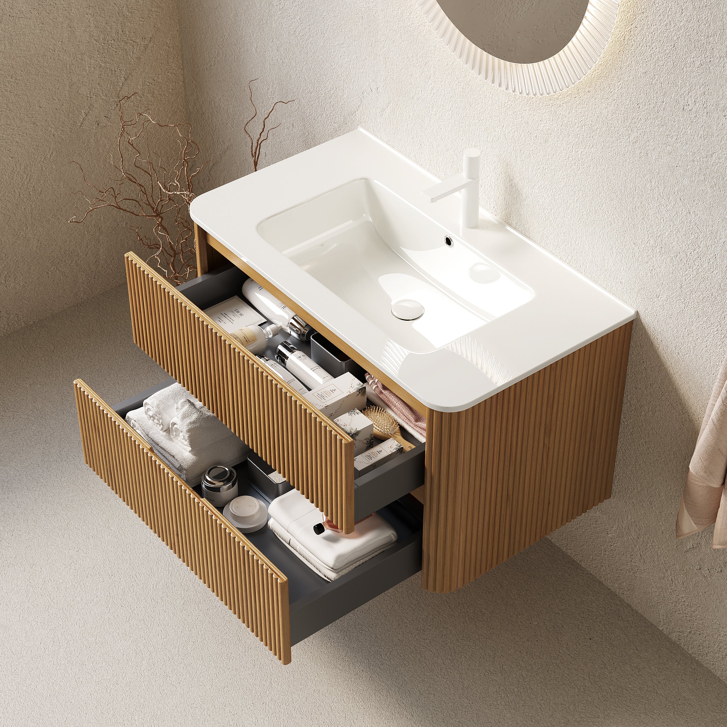 NOOR 36" Bathroom Vanity with Sink, Wall-Mounted Floating Plywood  Bathroom Storage Cabinet with 2 Drawers, White Ceramic Basin, NO Faucet, Pre-assembled, Natural Woodgrain Color