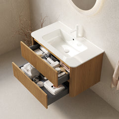 NOOR 36" Bathroom Vanity with Sink, Wall-Mounted Floating Plywood  Bathroom Storage Cabinet with 2 Drawers, White Ceramic Basin, NO Faucet, Pre-assembled, Natural Woodgrain Color