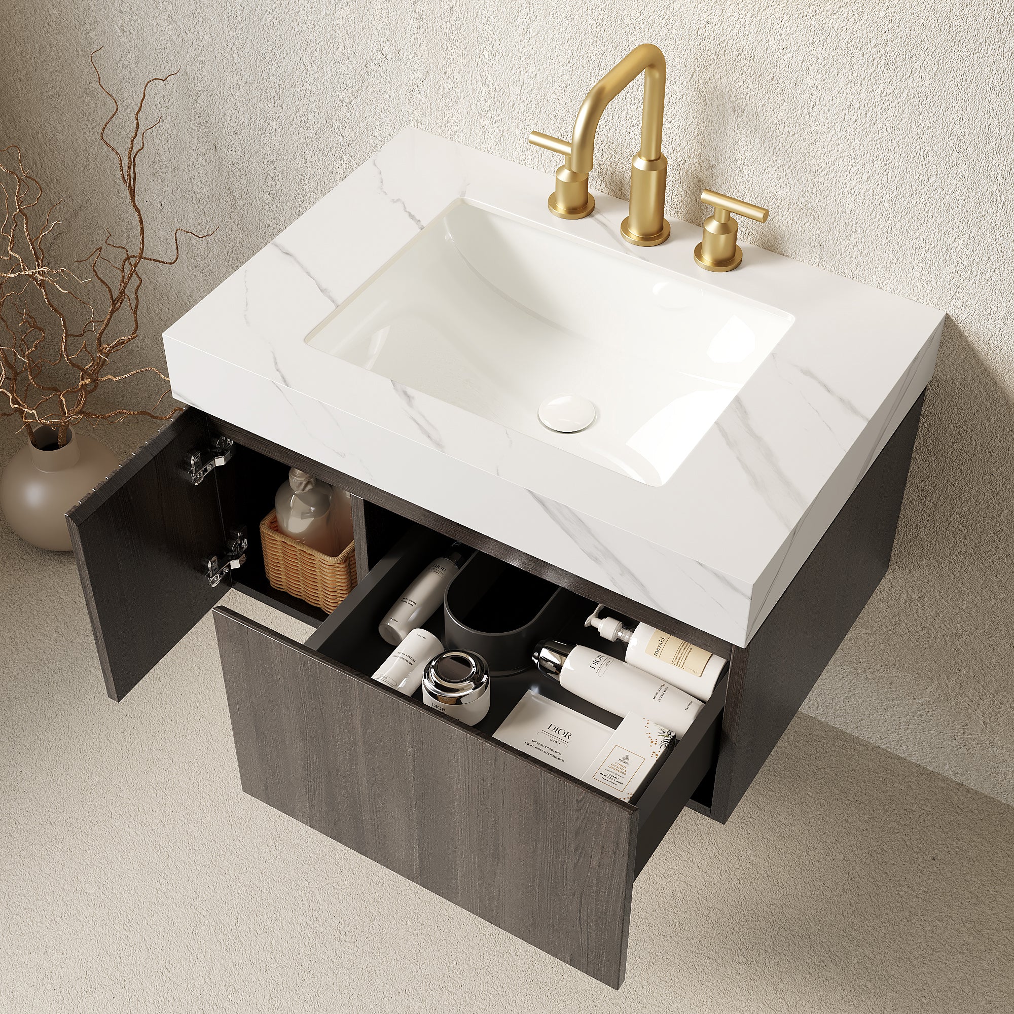MURI 30" Bathroom Vanity&Sink, Floating Plywood Storage Cabinet with Drawer&Door, Carrara White Sintered Stone Top&Ceramic Basin with 3 Pre-drilled Faucet Holes, Pre-assembled, Espresso Woodgrain