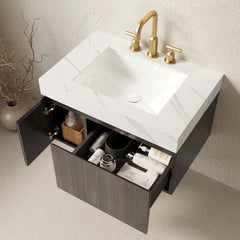 MURI 30" Bathroom Vanity&Sink, Floating Plywood Storage Cabinet with Drawer&Door, Carrara White Sintered Stone Top&Ceramic Basin with 3 Pre-drilled Faucet Holes, Pre-assembled, Espresso Woodgrain
