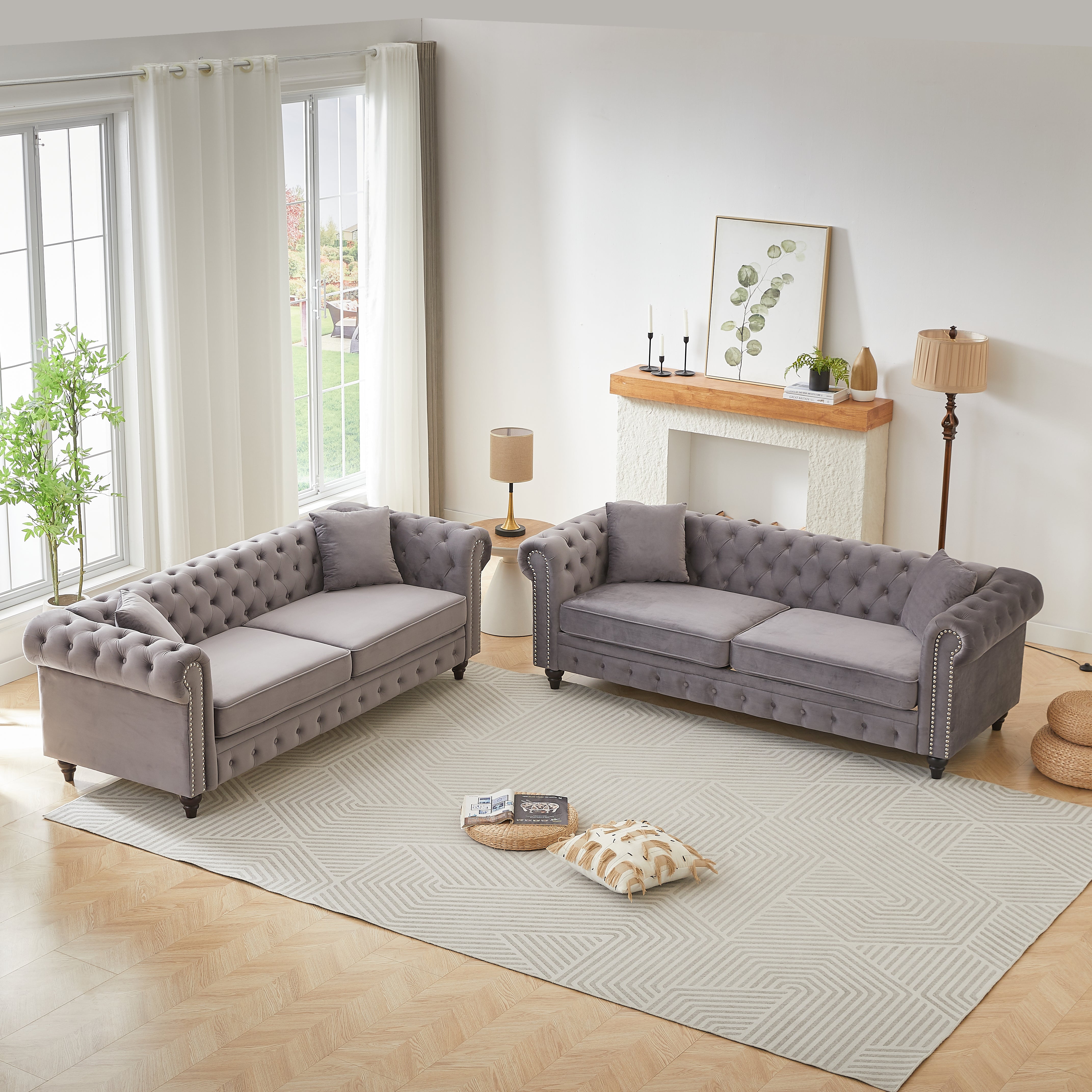 FX 3 Seats + 3 Seats Combo Sofa Modern living room sofa with solid wood frame and wooden feet, 4 cushions, apartment sofa furniture for living room, living room, office