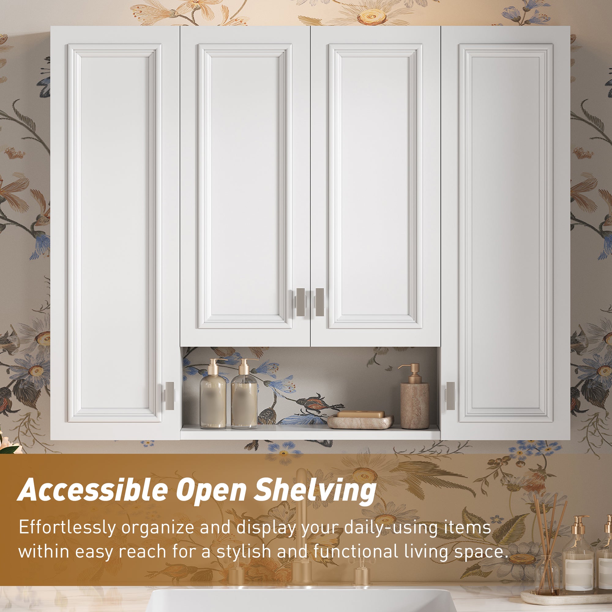Modern Bathroom Cabinet with 5 Adjustable Shelves, Wall-Mounted Medicine Cabinet for Bathroom, Soft-Closing Hinges, Open Shelving Design