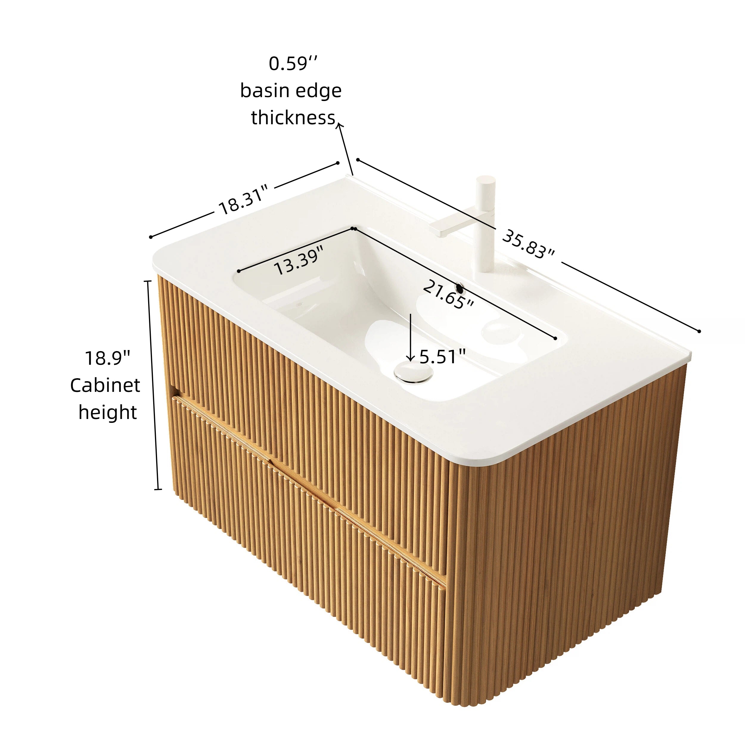 NOOR 36" Bathroom Vanity with Sink, Wall-Mounted Floating Plywood  Bathroom Storage Cabinet with 2 Drawers, White Ceramic Basin, NO Faucet, Pre-assembled, Natural Woodgrain Color