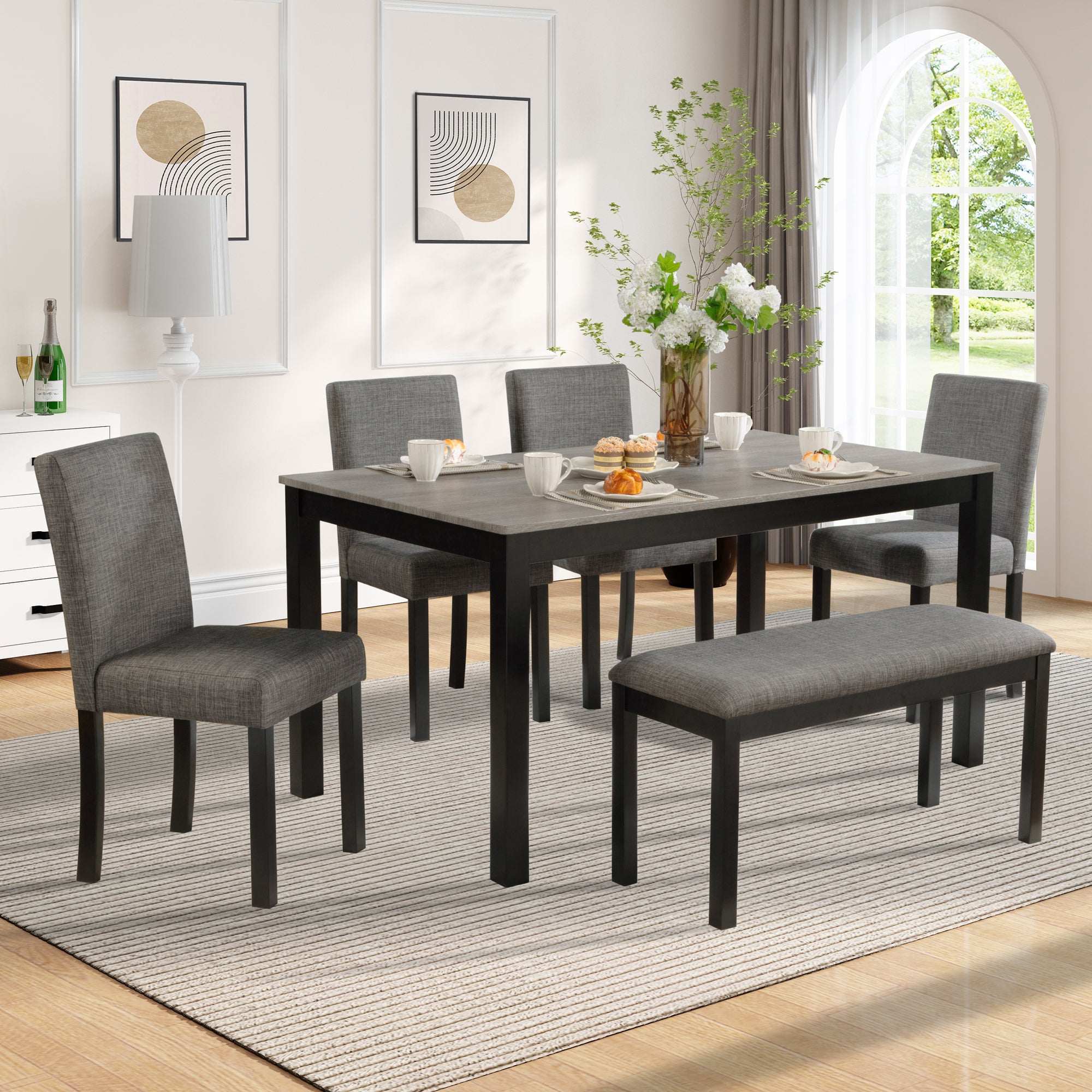 Modern 6-Piece Dining Table Set with Bench and Chairs for Dining Room or Kitchen – Light Grey & Black Two-Tone