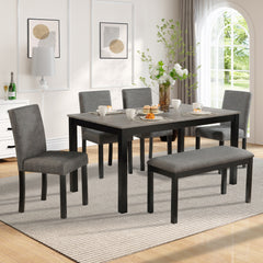 Modern 6-Piece Dining Table Set with Bench and Chairs for Dining Room or Kitchen – Light Grey & Black Two-Tone