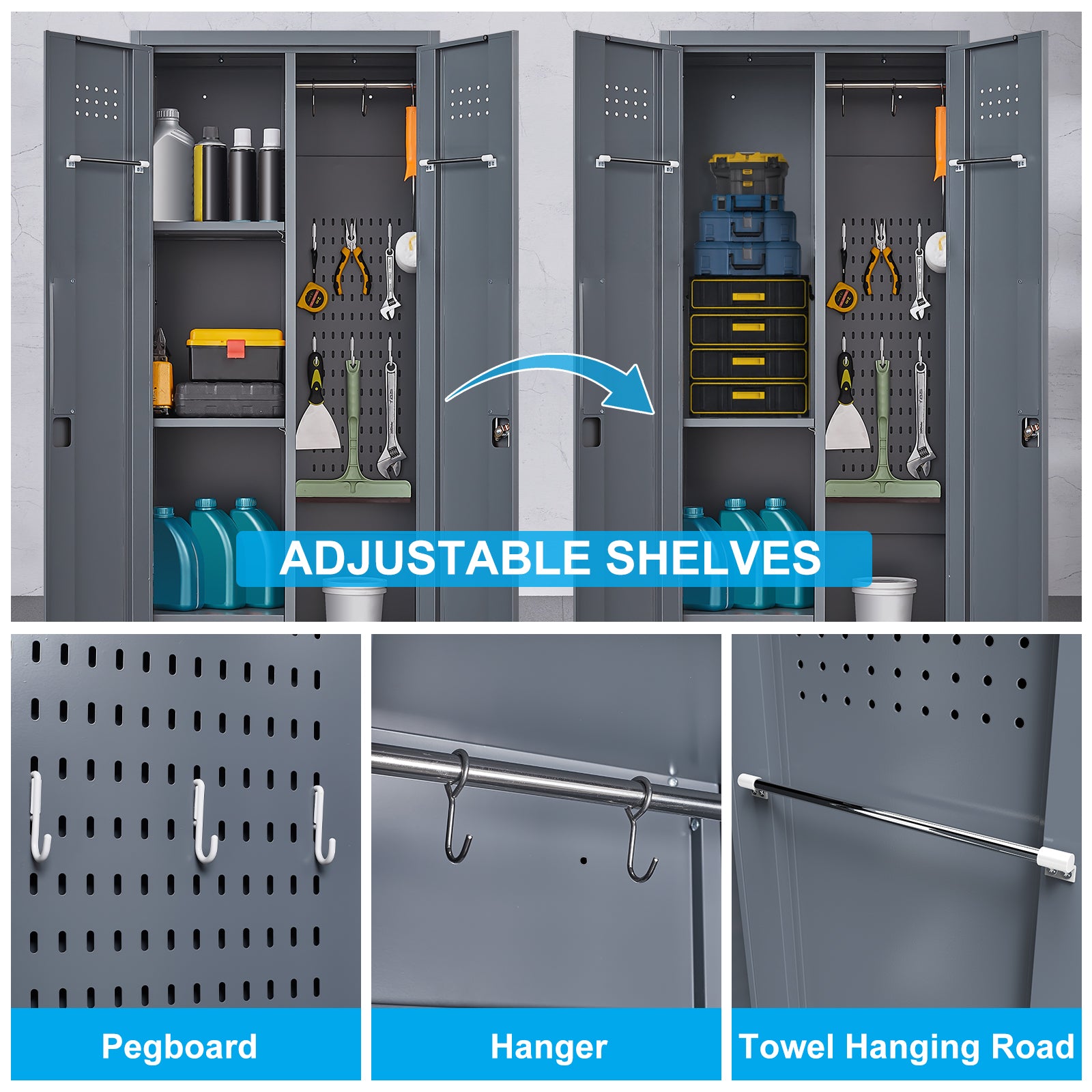 Broom Storage Cabinet With Locking Doors And Shelves, 65" H Metal Storage Cabinet With Hanging Rod & S-Hooks, Cleaning Tool Storage Cabinet Grey