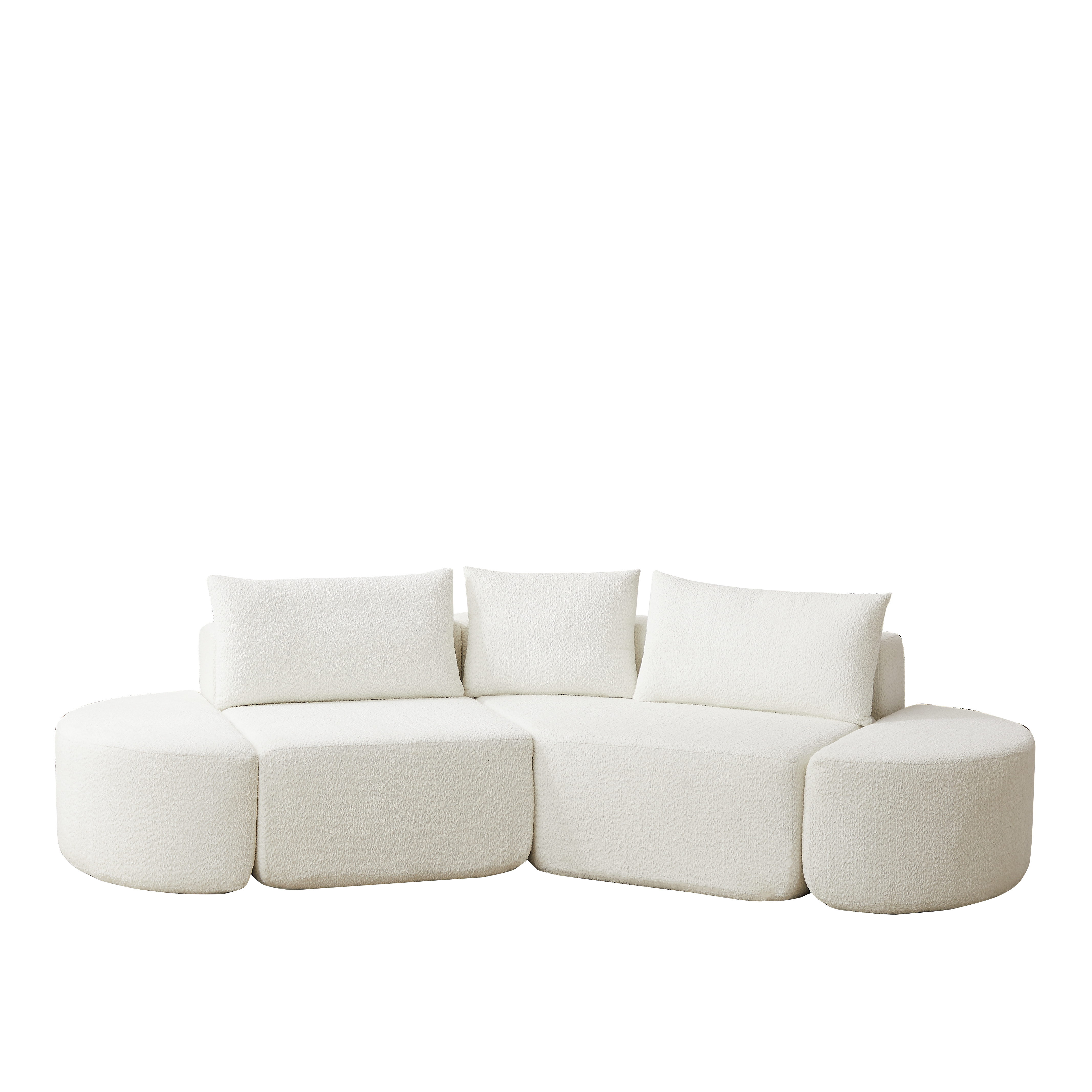 106.3-inch V-shaped modular sofa set in chenille fabric, featuring three throw pillows and two curved ottomans, perfectly suited for living rooms, bedrooms, and offices.beige