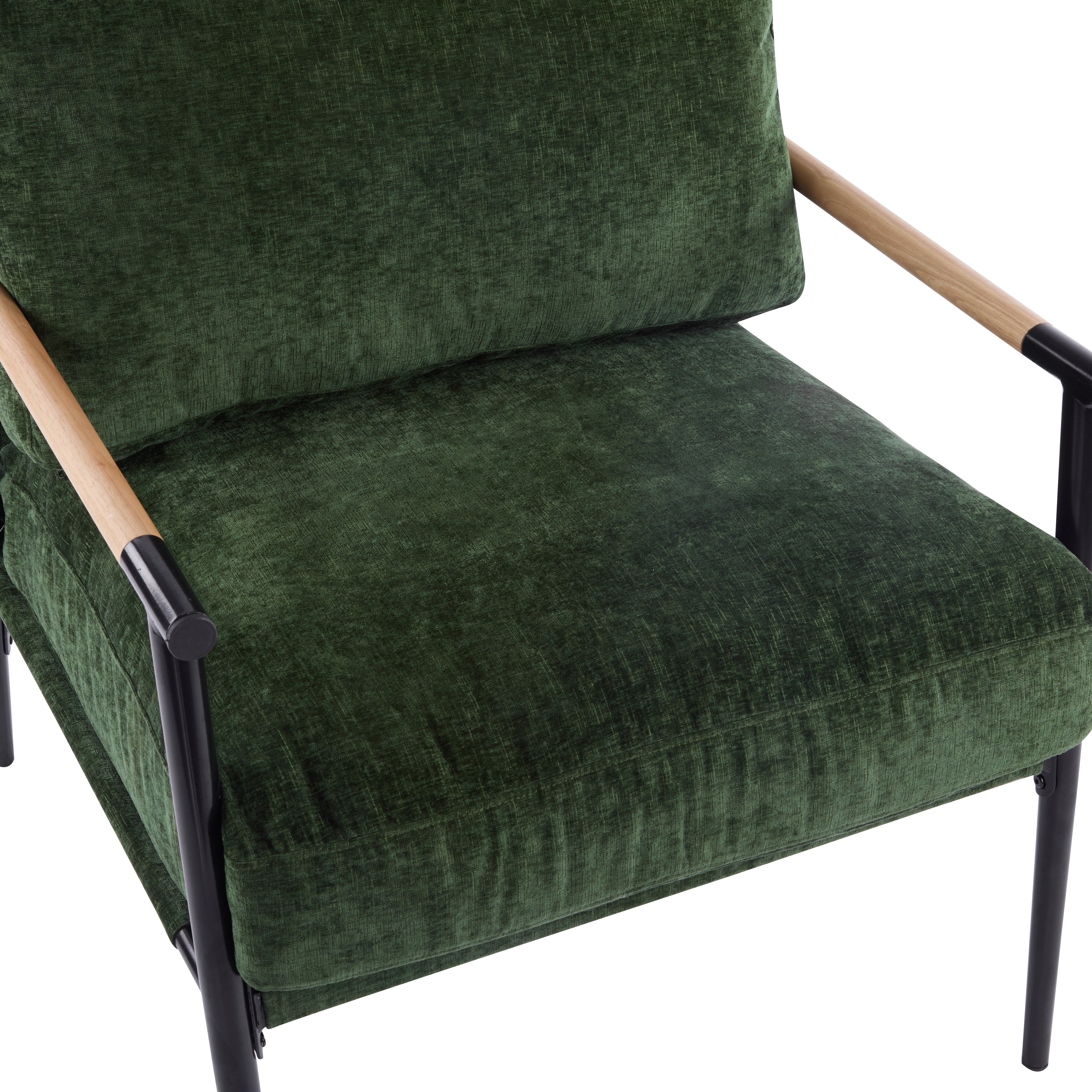 27.56" Modern Accent Chair with Plush Cushions, Minimalist Metal Frame, and Wooden Armrest Design – Perfect for Cozy Living Room, Bedroom, or Office Seating