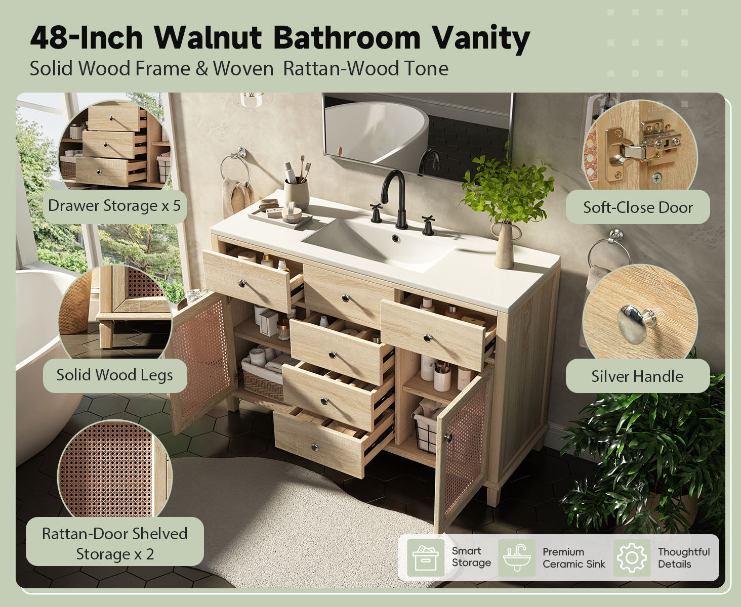 48-Inch Natural Rattan Bathroom Vanity: Solid Wood Frame, 5 Drawers, 2 Rattan Cabinet Doors & Premium Ceramic Sink
