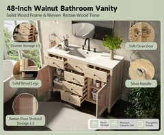48-Inch Natural Rattan Bathroom Vanity: Solid Wood Frame, 5 Drawers, 2 Rattan Cabinet Doors & Premium Ceramic Sink