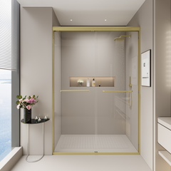 44" - 48" W x 72" H Double Sliding Shower Door, Semi-frameless Bathroom Sliding Door with 1/4" (6mm) Tempered Glass for Walk-in Shower, Brushed Gold GF-24D03-48BGX