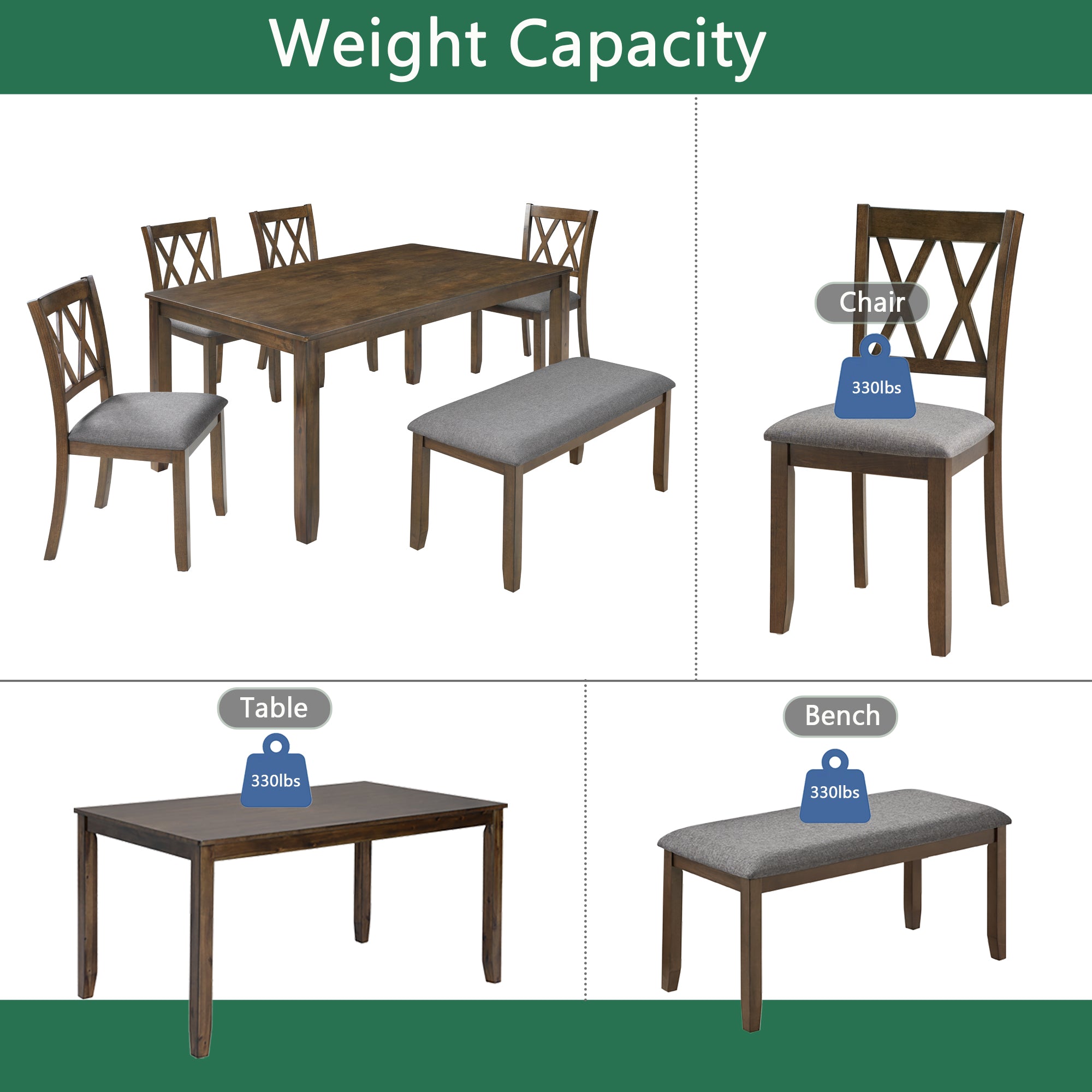 Elegant 6-Piece Wooden Dining Table Set (Table + 4 Chairs + Bench, Walnut)