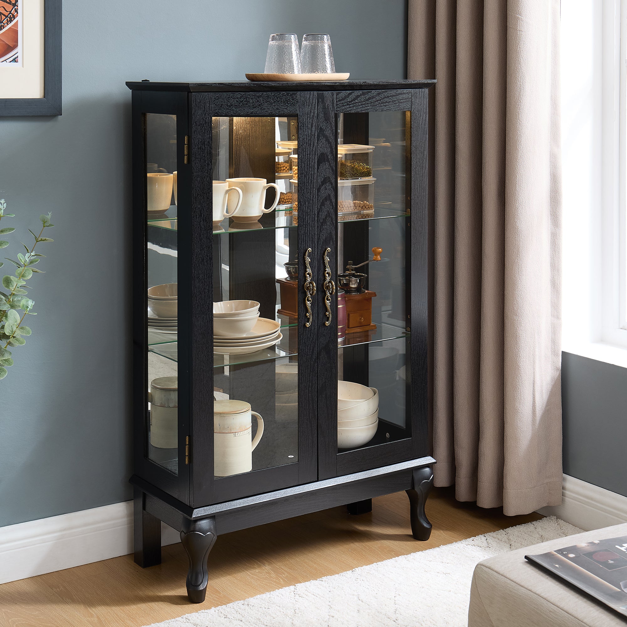 Curio Cabinet with Tempered Glass Doors, Lighted Display Cabinet with Mirrored Back Panel & Adjustable Shelves Perfect for Home or Office (Light Bulb Included)- Black