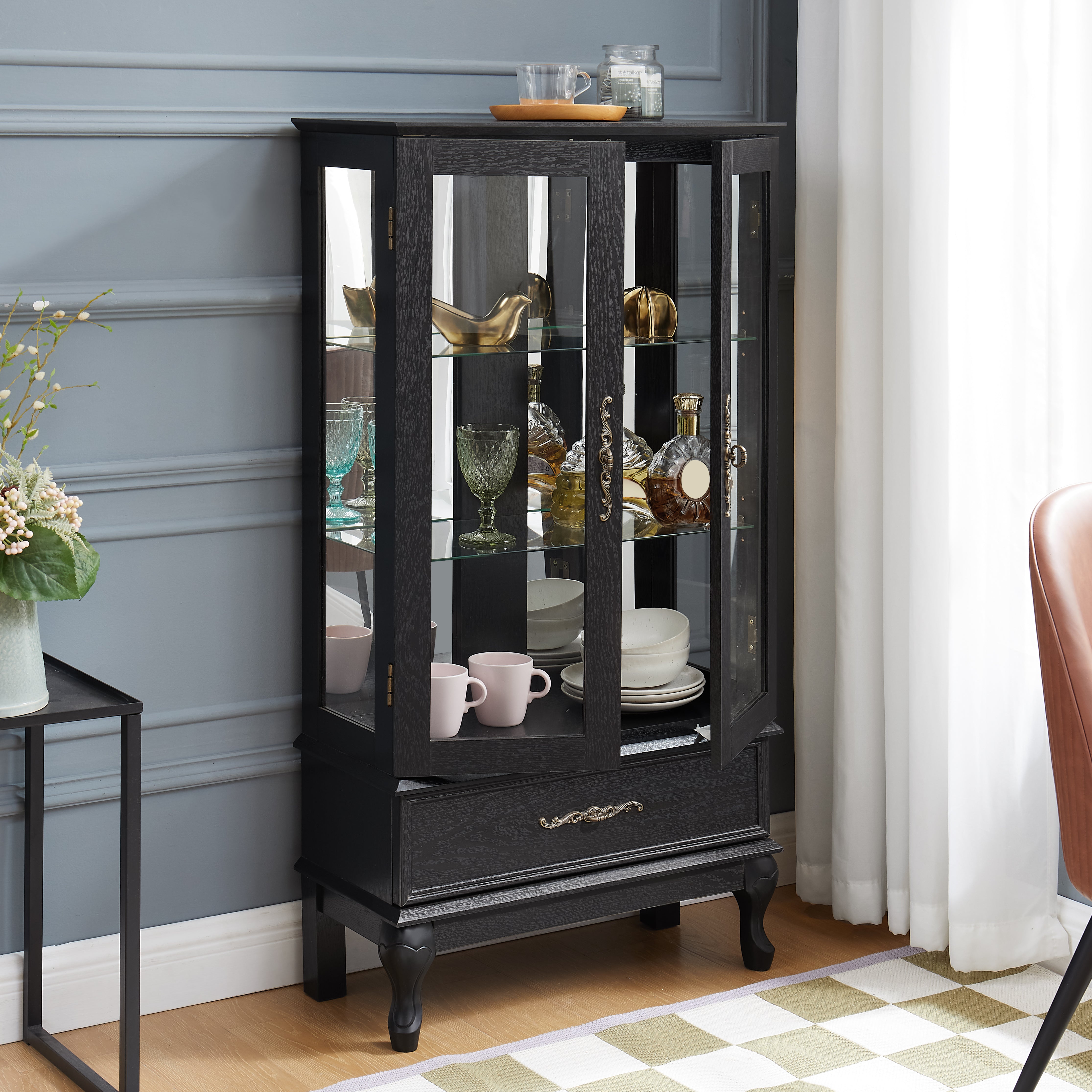 Lighted Curio Cabinet with Glass Doors and Adjustable Shelves 2 Door Wine Cabinet Display Curio Cabinet with LED Lights Light Black Finish and Drawer for Home Decor and Storage