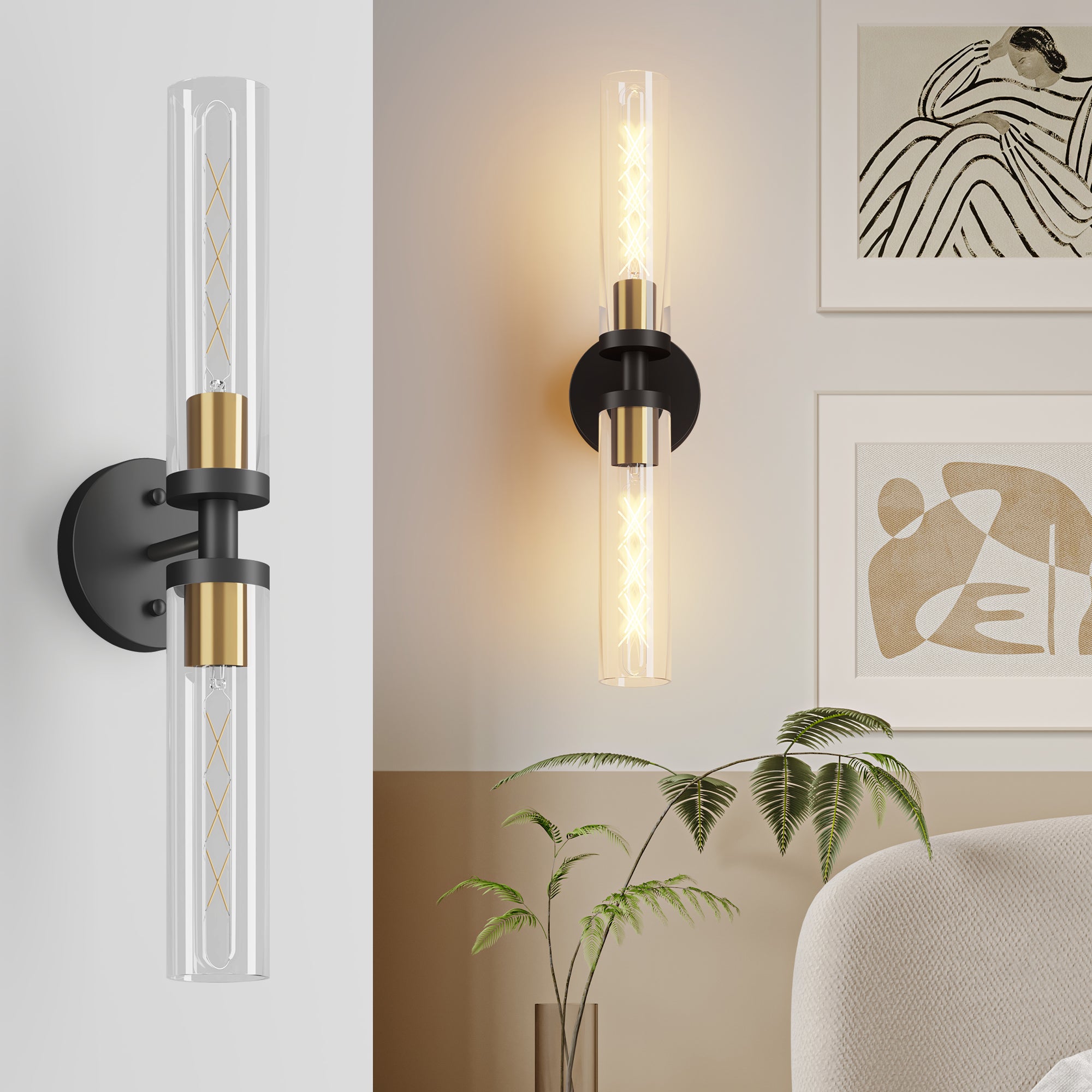 Wall Sconces Set of Two, Black and Gold Bathroom Sconces Wall Lighting with Clear Glass, Modern Sconces Wall Decor Set of 2 Wall Light fixtures for Bathroom Mirror Living Room Hallway Bedroom