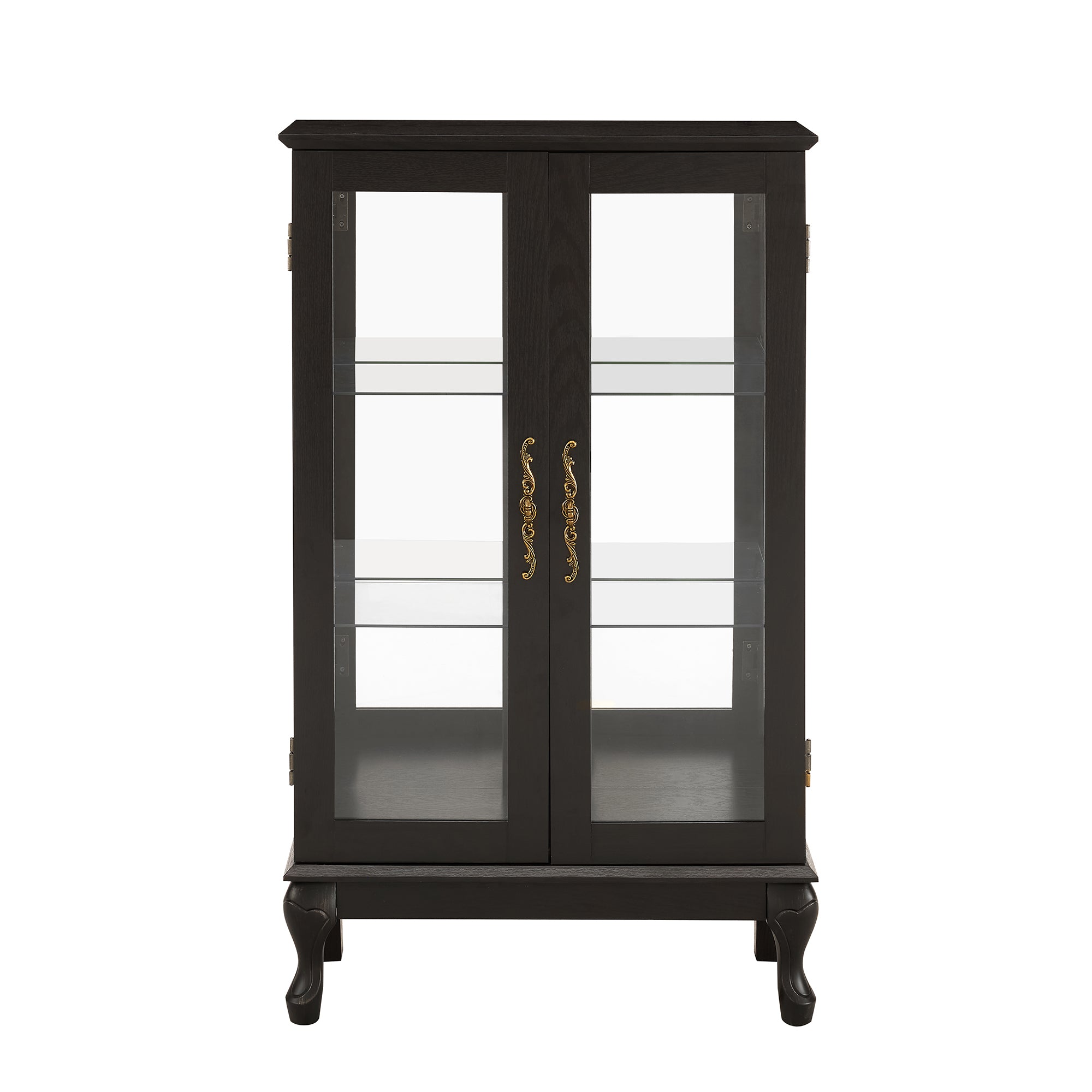Curio Cabinet with Tempered Glass Doors, Lighted Display Cabinet with Mirrored Back Panel & Adjustable Shelves Perfect for Home or Office (Light Bulb Included)- Black