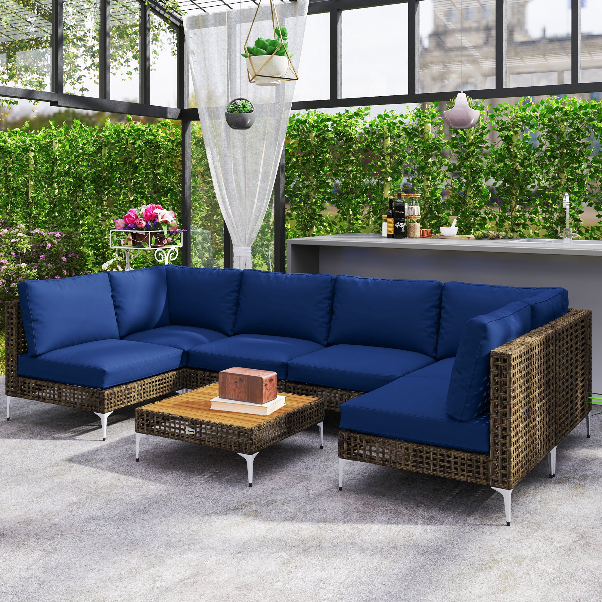 Outsunny 7 Piece Wicker Patio Furniture Set, Modular Outdoor Sectional with Thickened Cushions, Acacia Wood Table, Brown/Blue