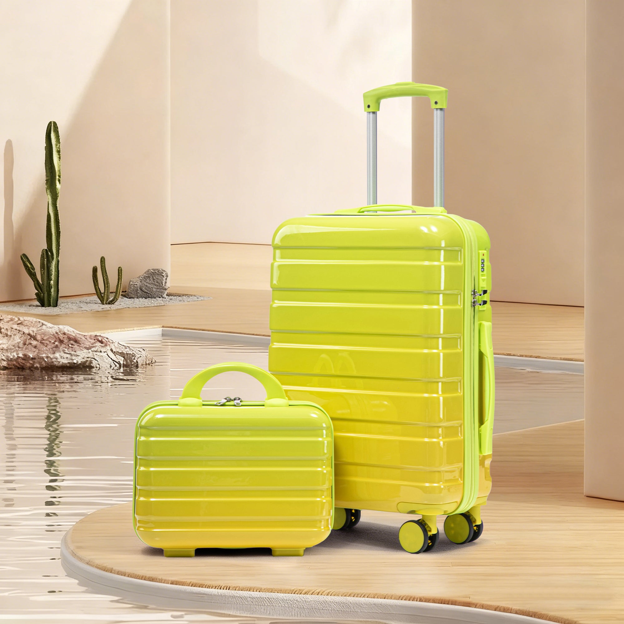 20" Carry-On Suitcase + 14" Cosmetic Case Set (PC Hard Shell, Gradient Yellow/Green)