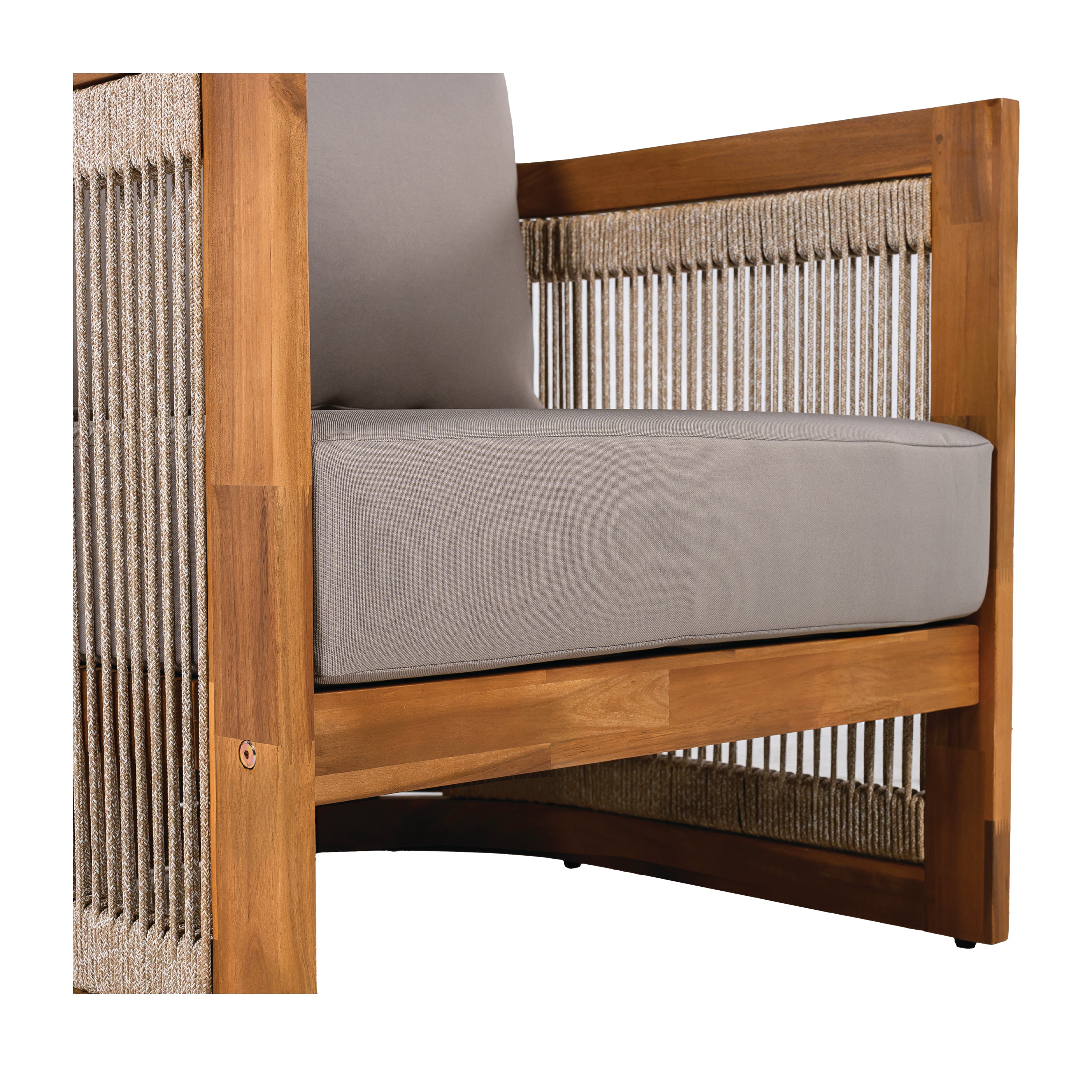 Premium Acacia Wood Outdoor Club Chair, Curved Tub Design with Woven Rope Accents, Water-Resistant Cushions, All-Weather Slat Construction
