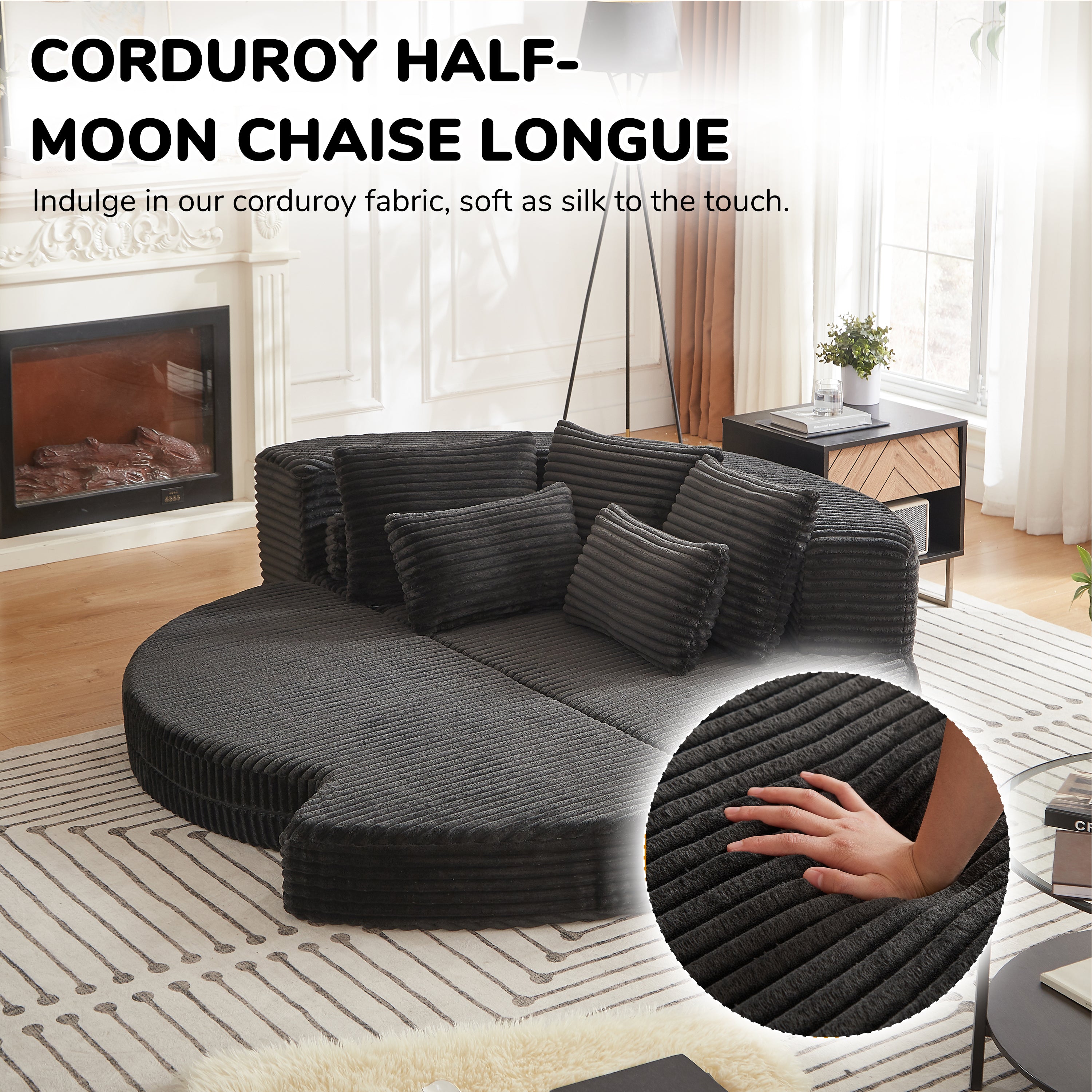 78.5-Inch Corduroy Semi-Circular 2-in-1 Sofa Bed, Designer Recliner with Neck Pillow and Five Throw Pillows in Living Room