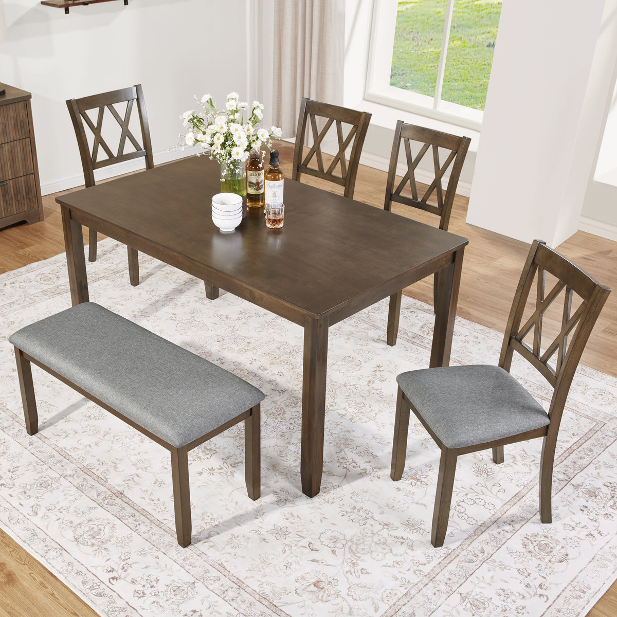 Elegant 6-Piece Wooden Dining Table Set (Table + 4 Chairs + Bench, Walnut)