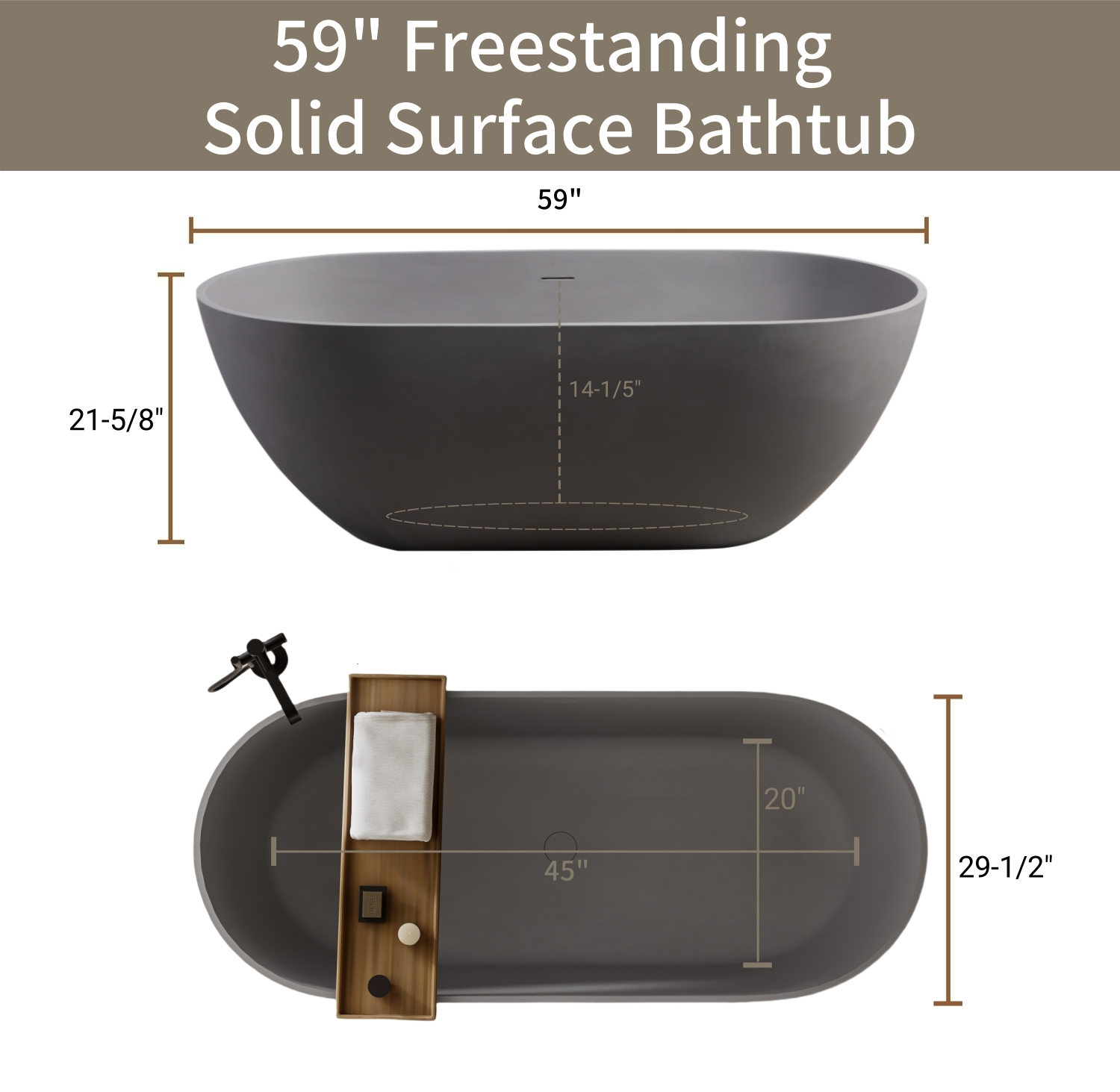 59" Luxury Engineered Solid Surface Bathtub, Stone Resin Freestanding Soaking Bathtub with Overflow and Pop-up Drain for Contemporary Bathroom, Matte Grey 24S03-59MG