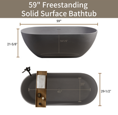 59" Luxury Engineered Solid Surface Bathtub, Stone Resin Freestanding Soaking Bathtub with Overflow and Pop-up Drain for Contemporary Bathroom, Matte Grey 24S03-59MG