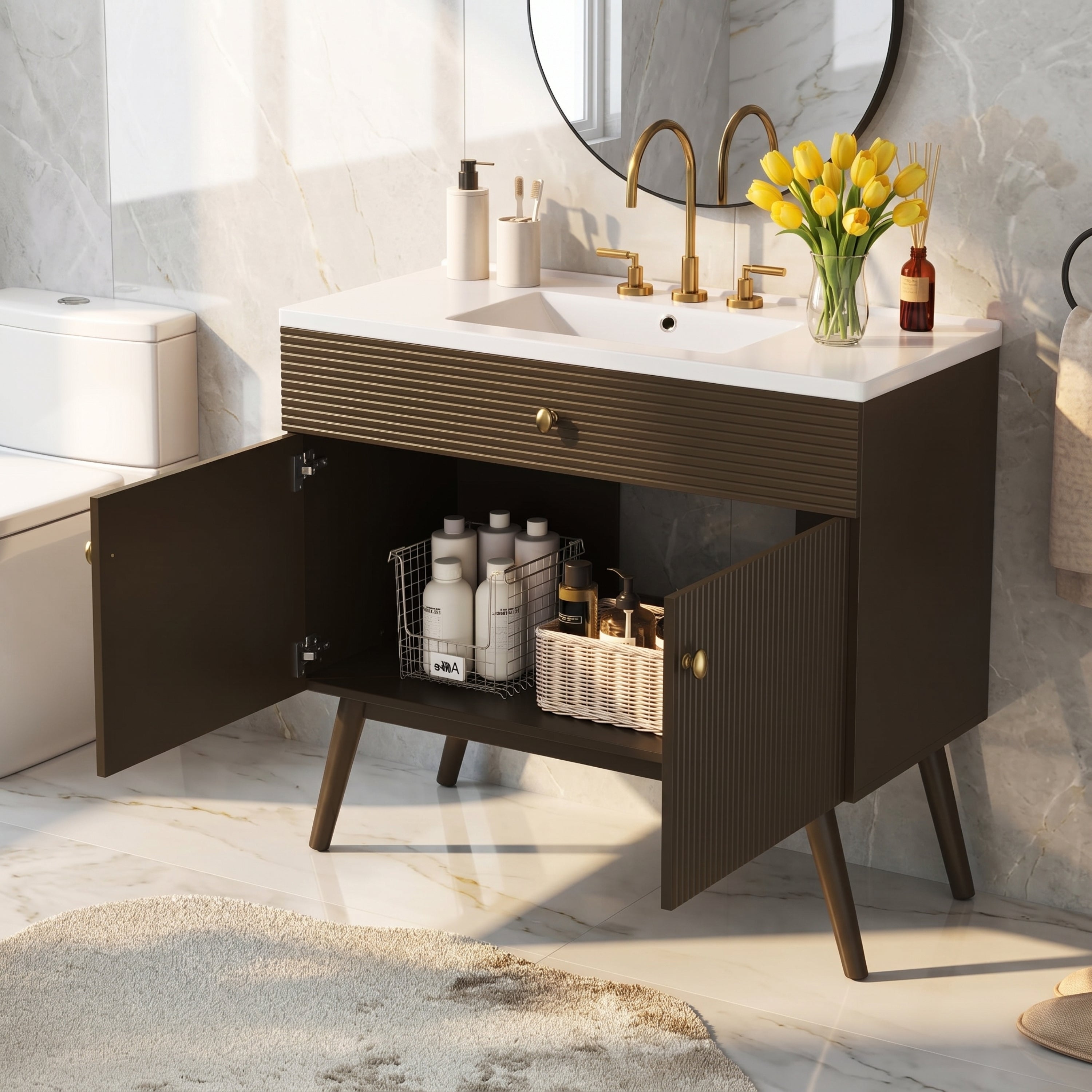 36" Luxury Striped Dark Brown Vanity: Soft-Close Dual-Door Storage & Premium Ceramic Sink