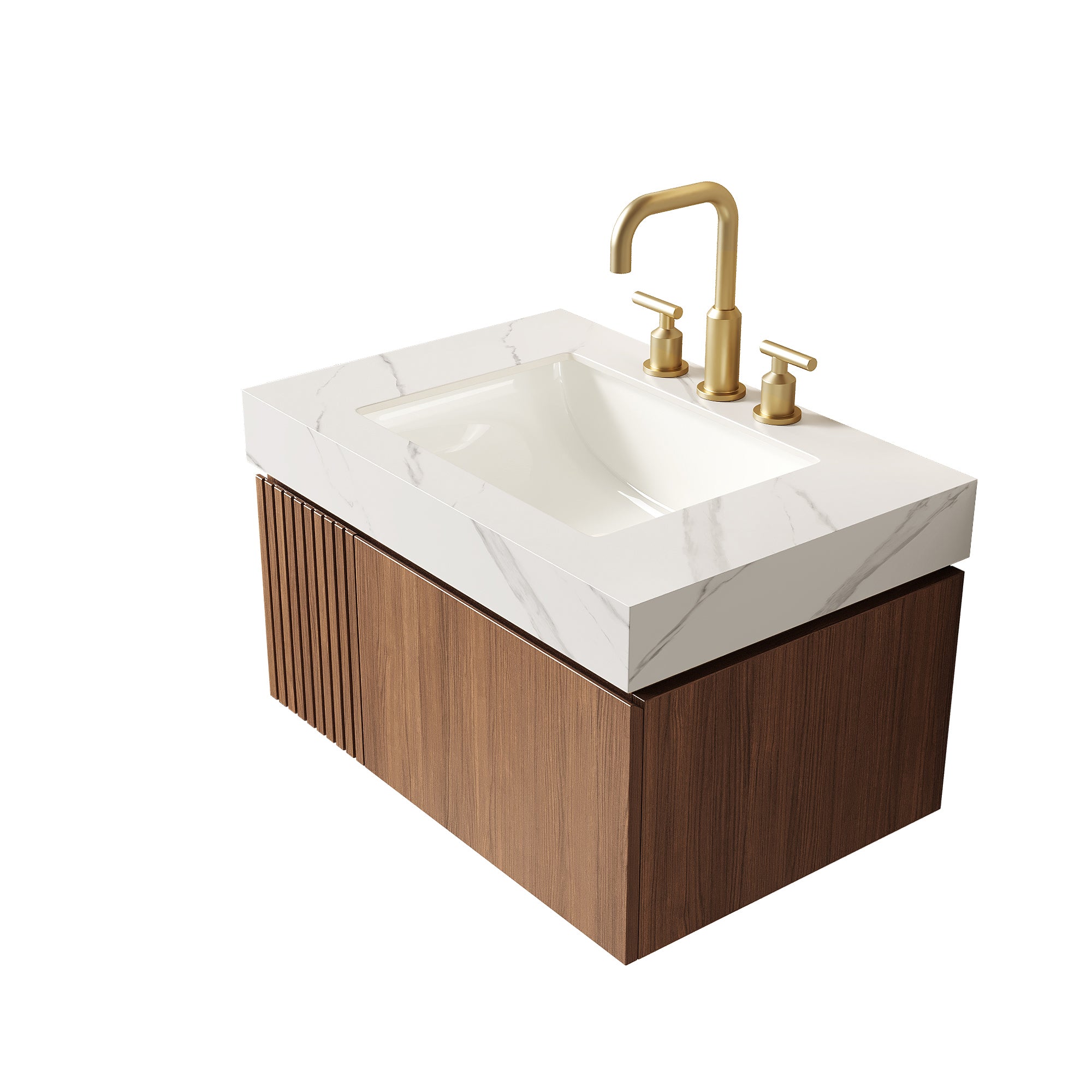 MURI 30" Bathroom Vanity&Sink, Floating Plywood Storage Cabinet with Drawer&Door, Carrara White Sintered Stone Top&Ceramic Basin with 3 Pre-drilled Faucet Holes, Pre-assembled, Brown Oak Woodgrain