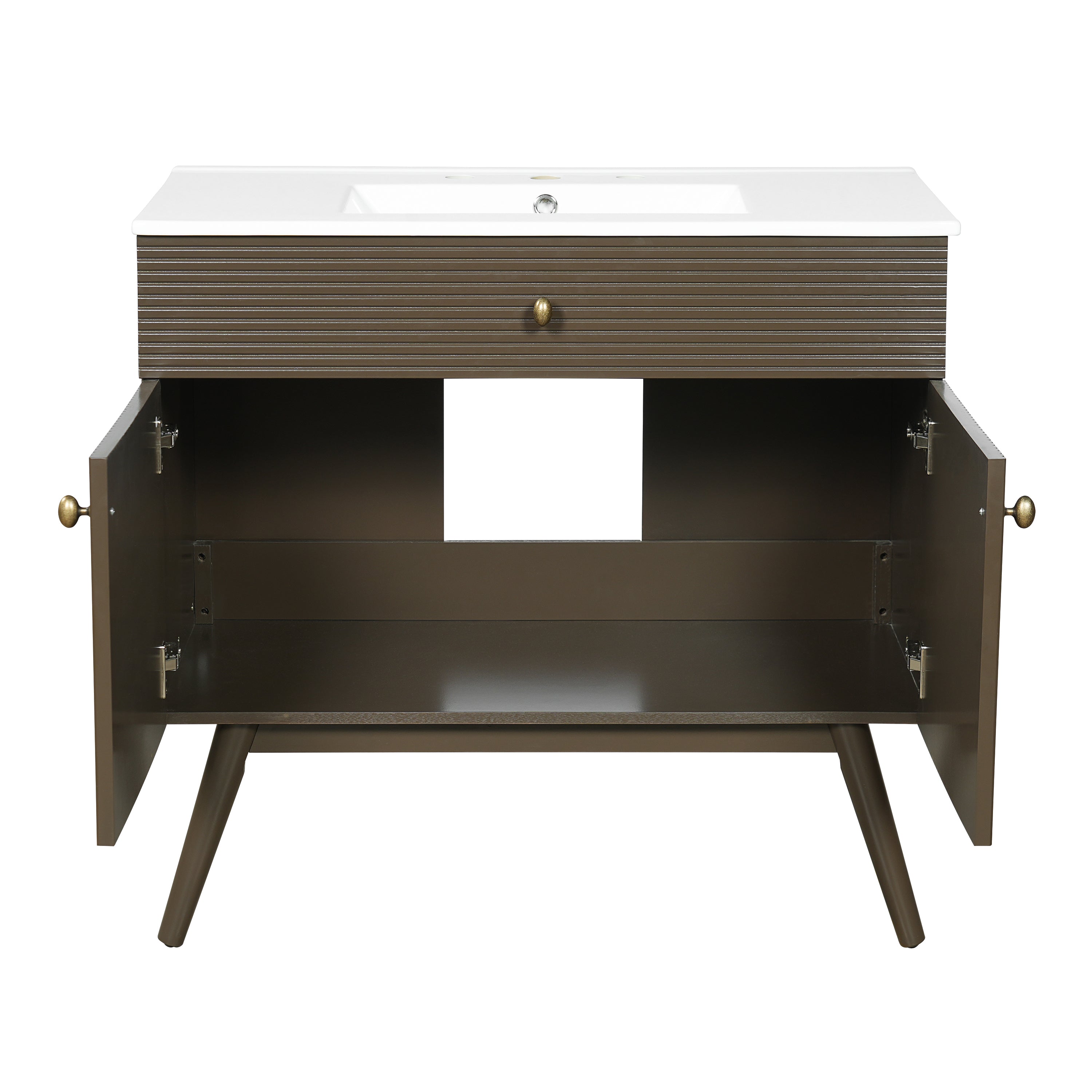 36" Luxury Striped Dark Brown Vanity: Soft-Close Dual-Door Storage & Premium Ceramic Sink
