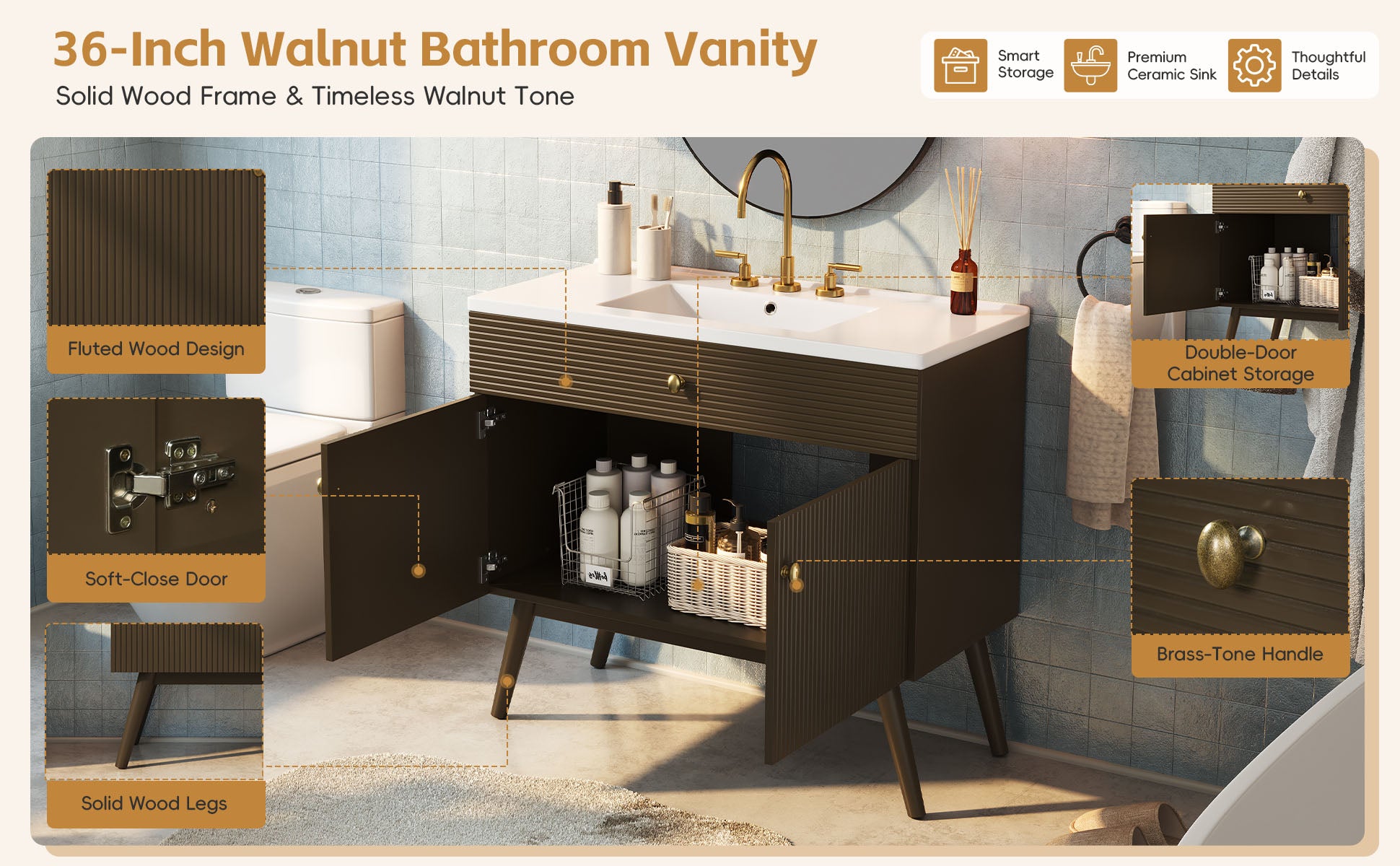 36" Luxury Striped Dark Brown Vanity: Soft-Close Dual-Door Storage & Premium Ceramic Sink
