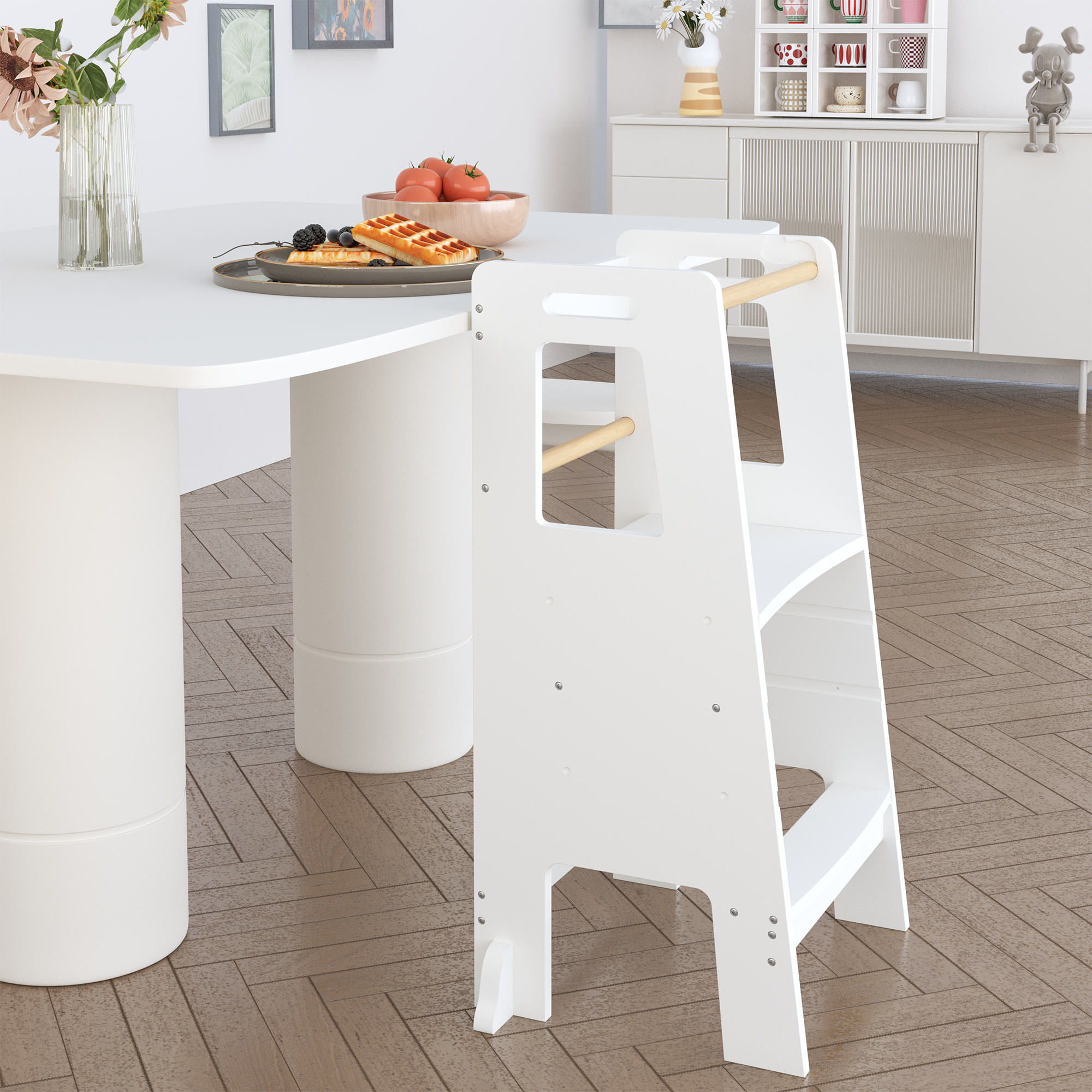Kids Standing Tower, Child Kitchen Step Stool Toddler Wood Stepping Stool - Children's Montessori Stool - Adjustable Height, Ideal Kids Kitchen Step Stool for Learning New Skills, White