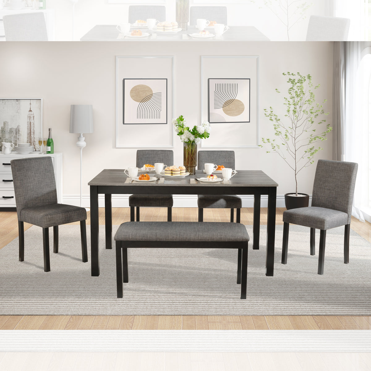 Modern 6-Piece Dining Table Set with Bench and Chairs for Dining Room or Kitchen – Light Grey & Black Two-Tone