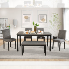 Modern 6-Piece Dining Table Set with Bench and Chairs for Dining Room or Kitchen – Light Grey & Black Two-Tone